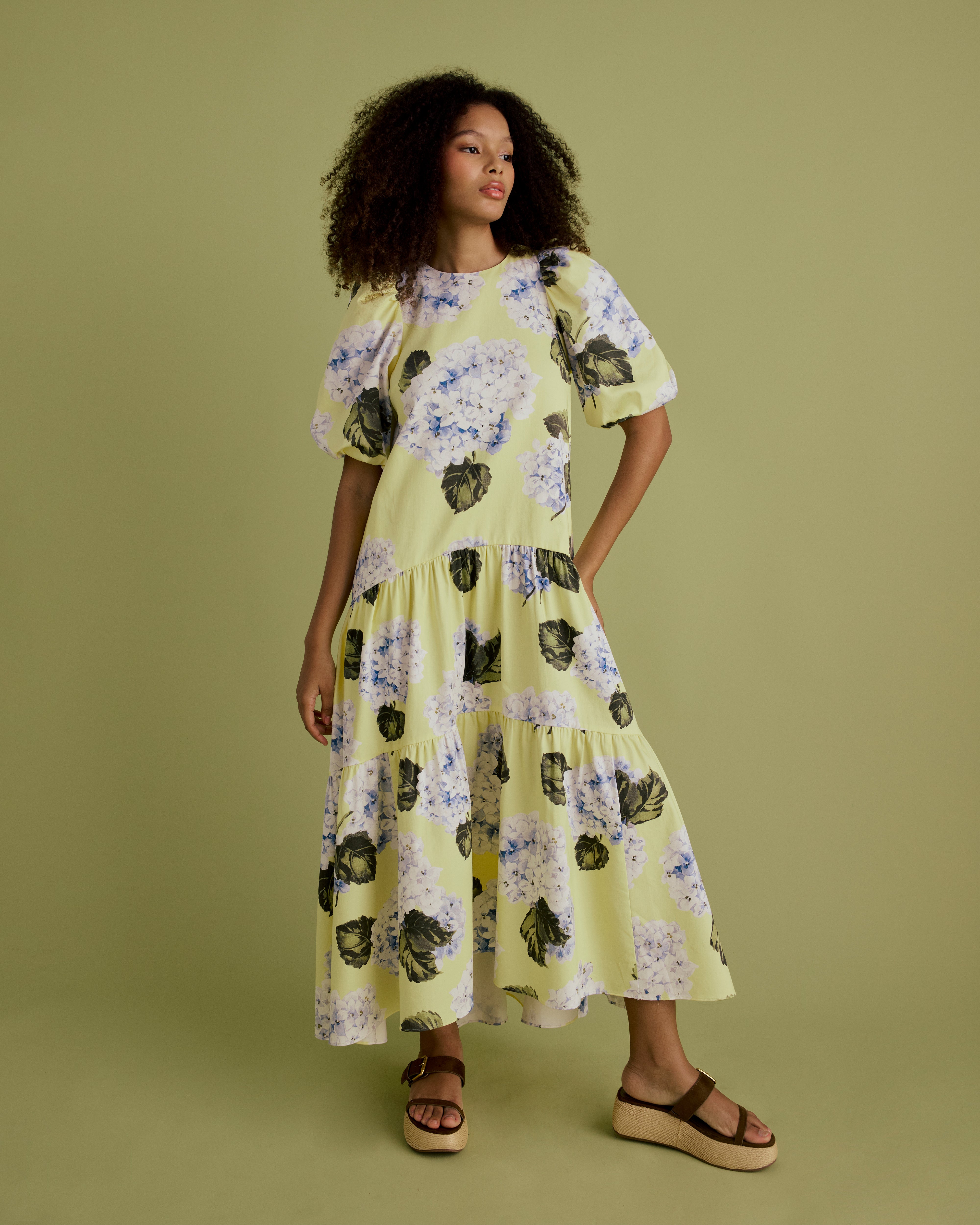 Puff Sleeve Tie Back Midi Dress