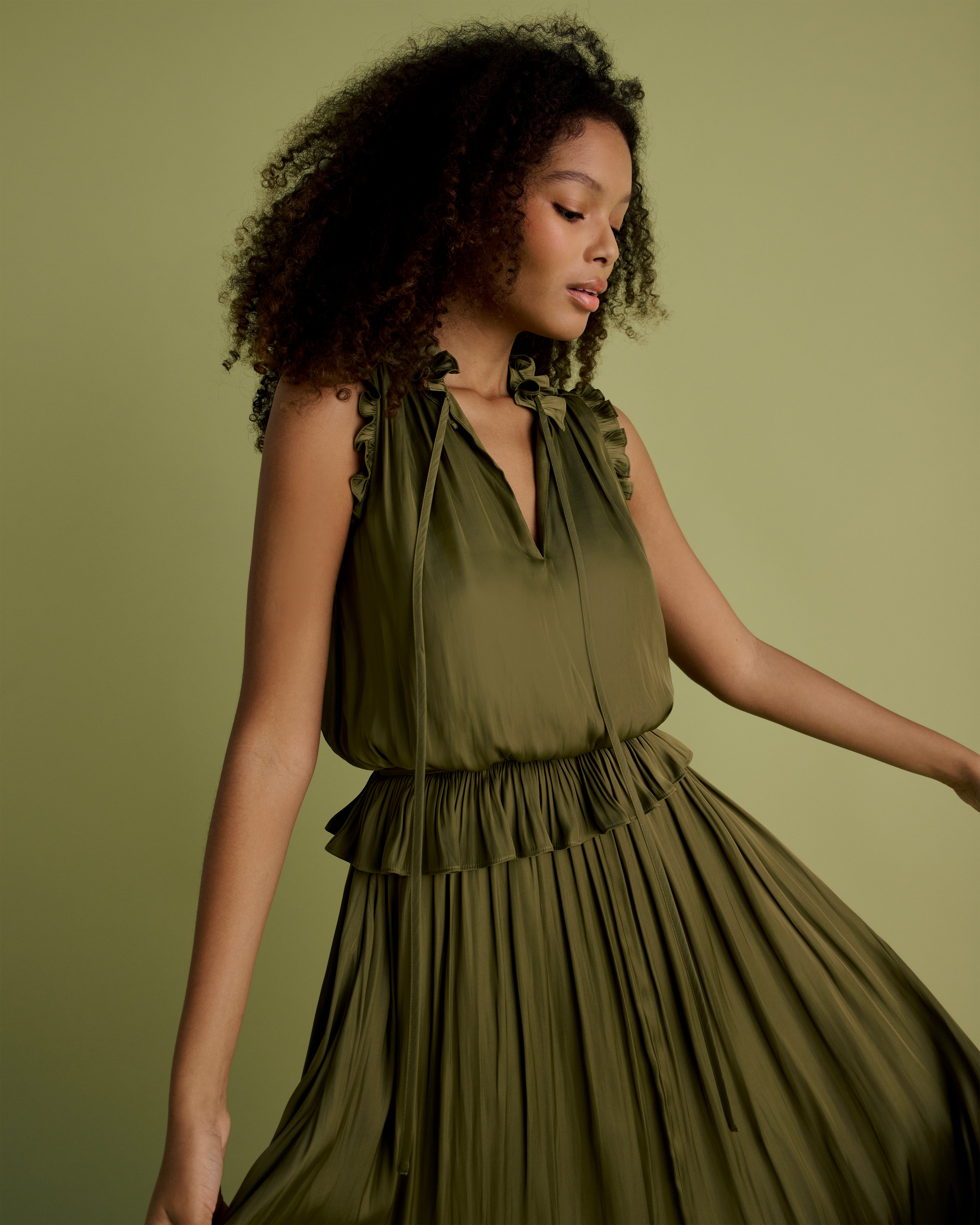 Tie Neck Frill Midi Dress