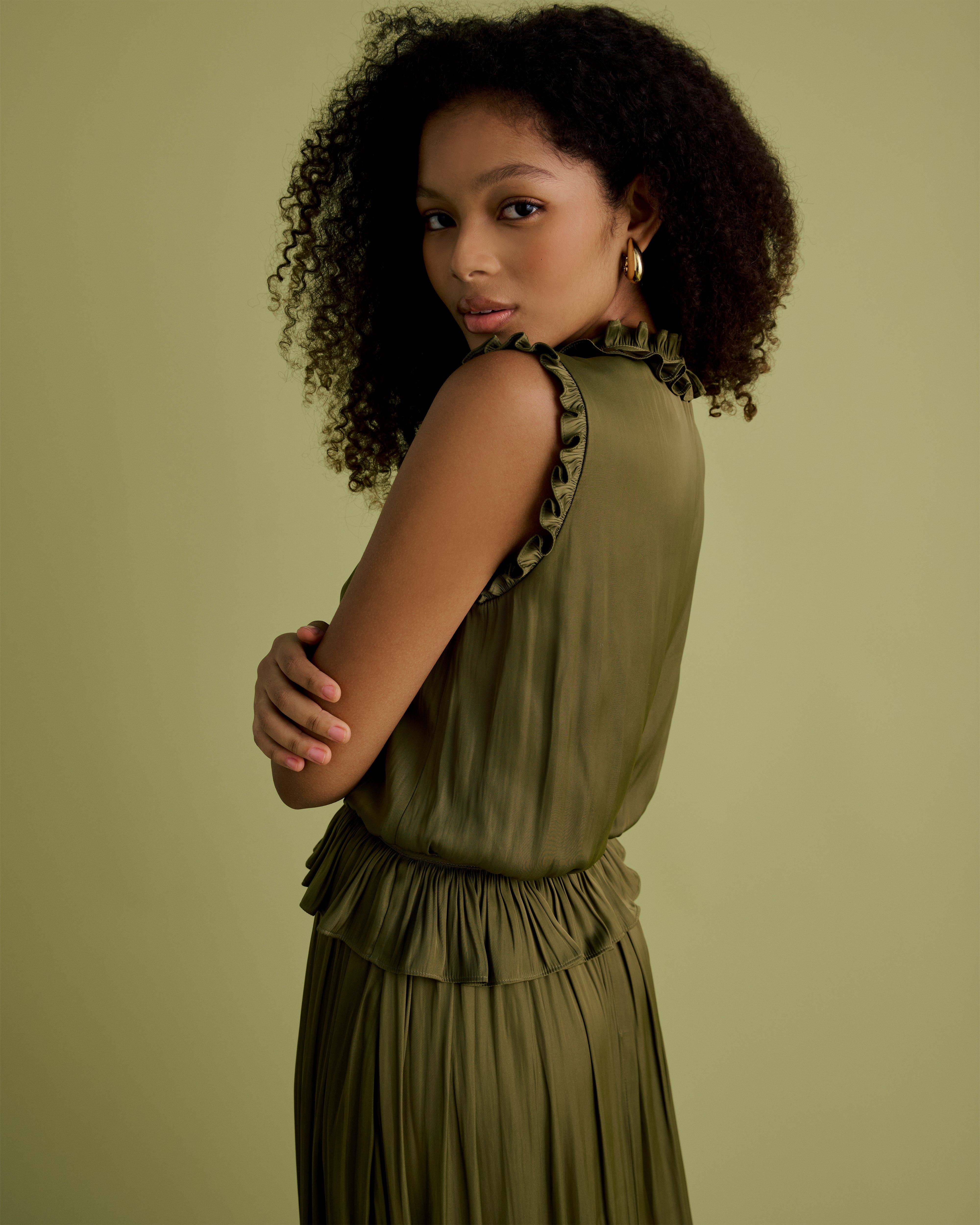 Tie Neck Frill Midi Dress