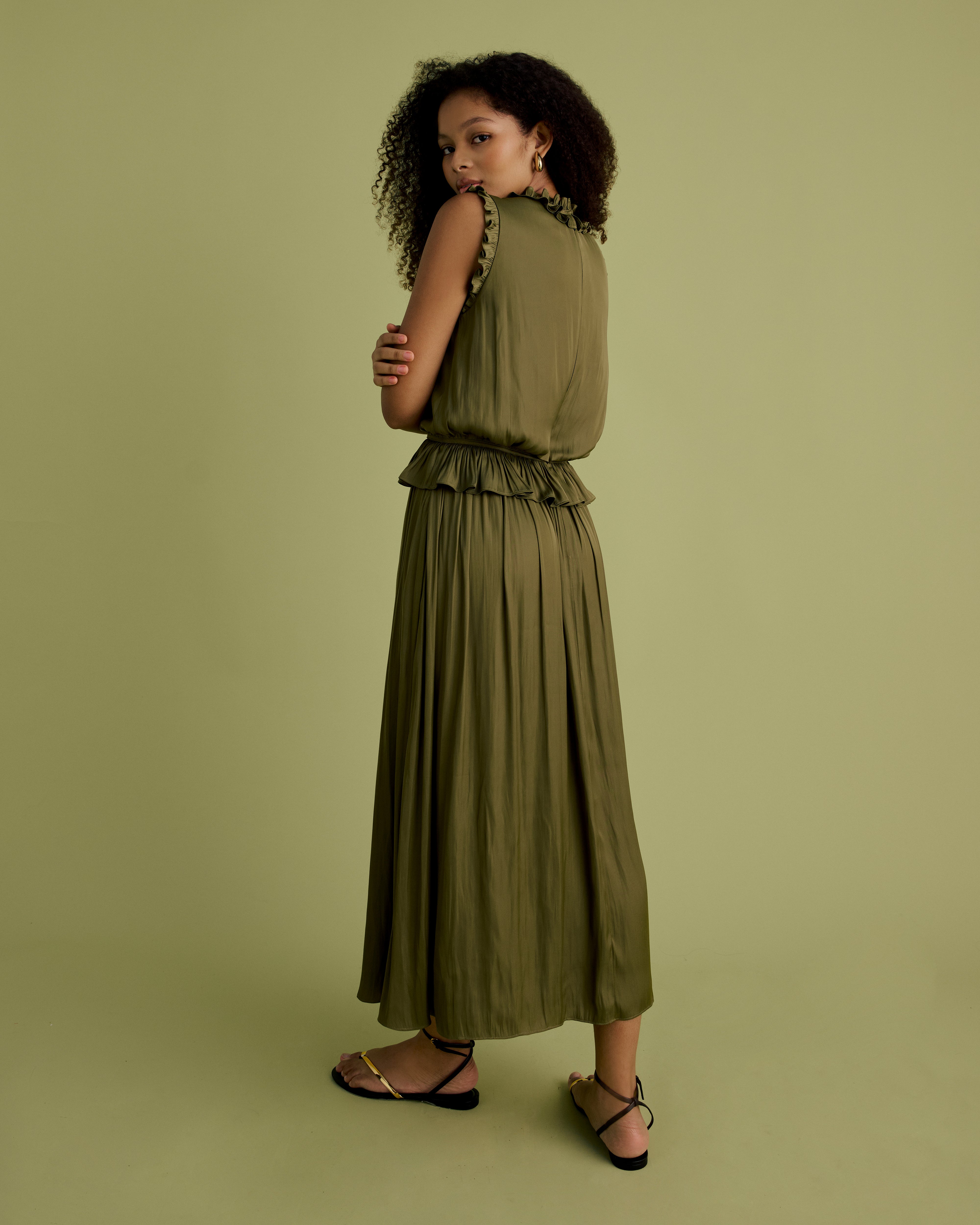 Tie Neck Frill Midi Dress