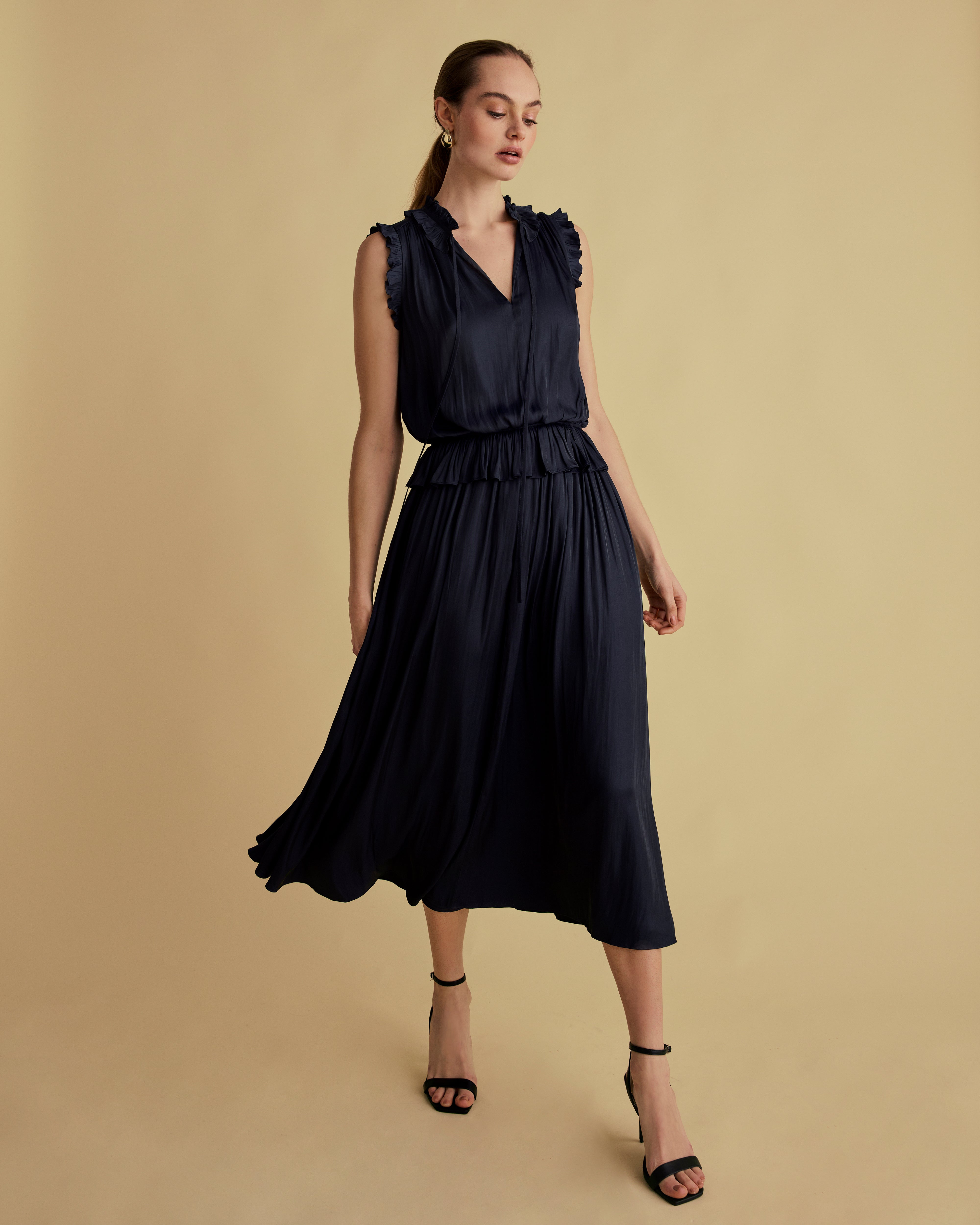 Tie Neck Frill Midi Dress