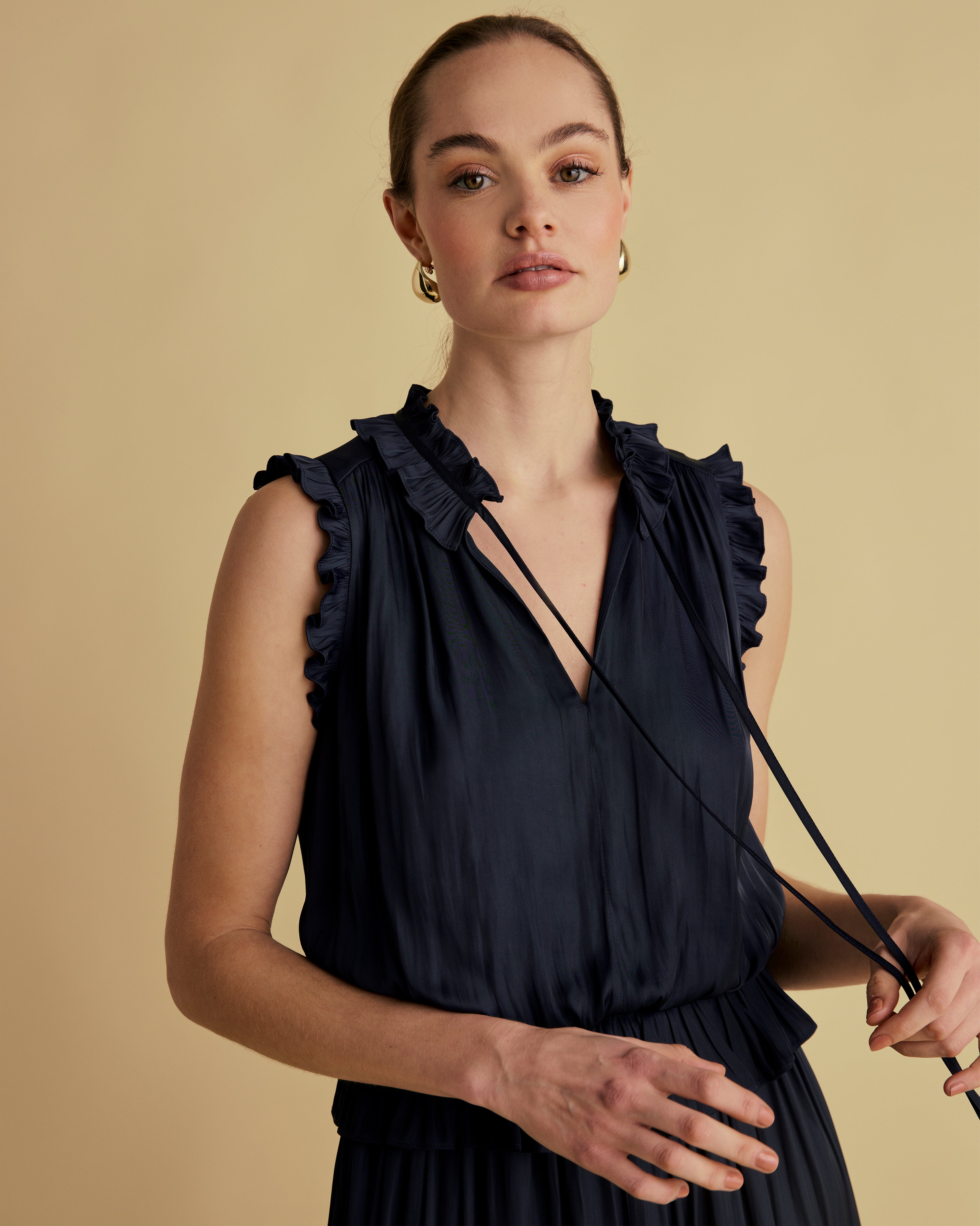 Tie Neck Frill Midi Dress