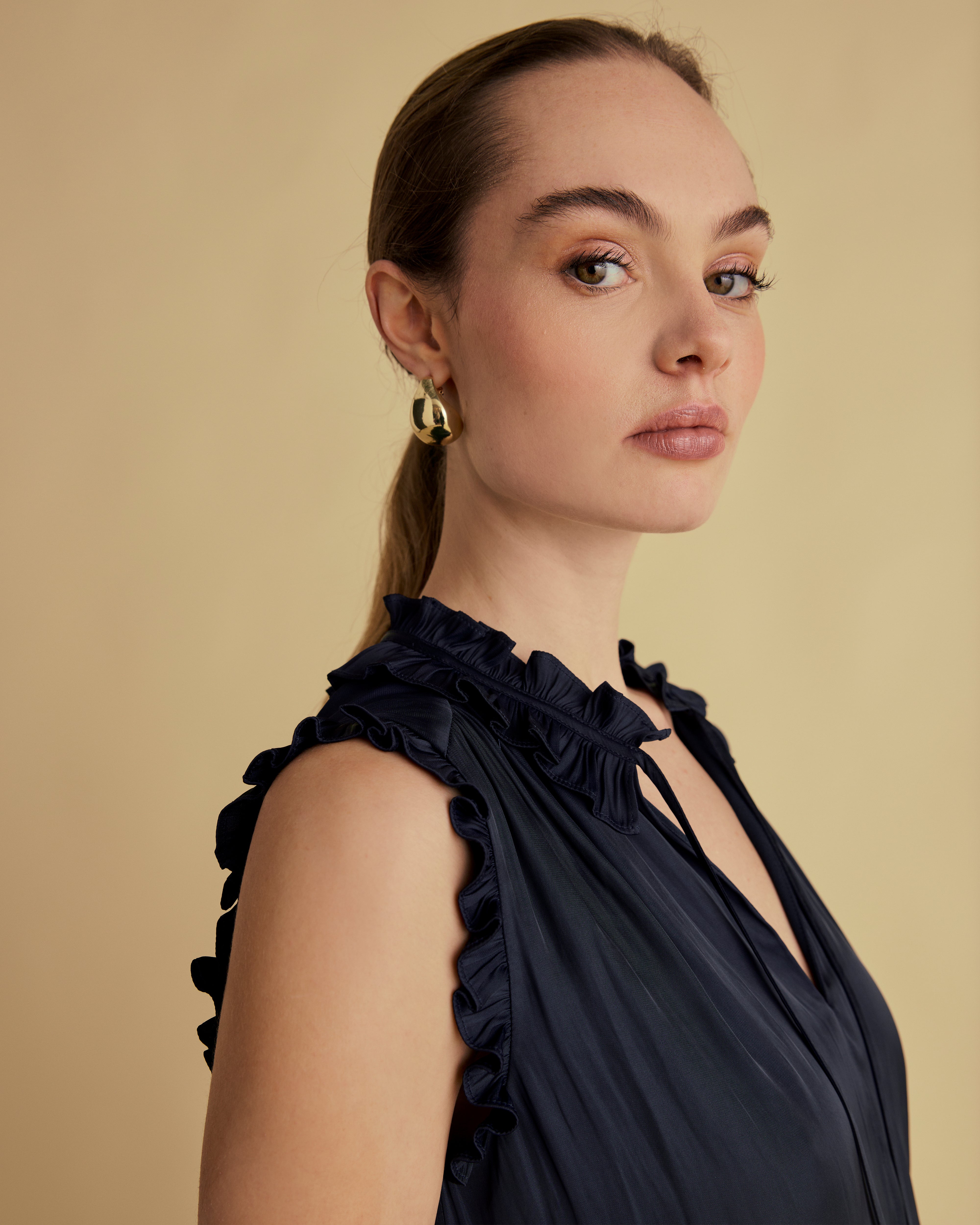 Tie Neck Frill Midi Dress