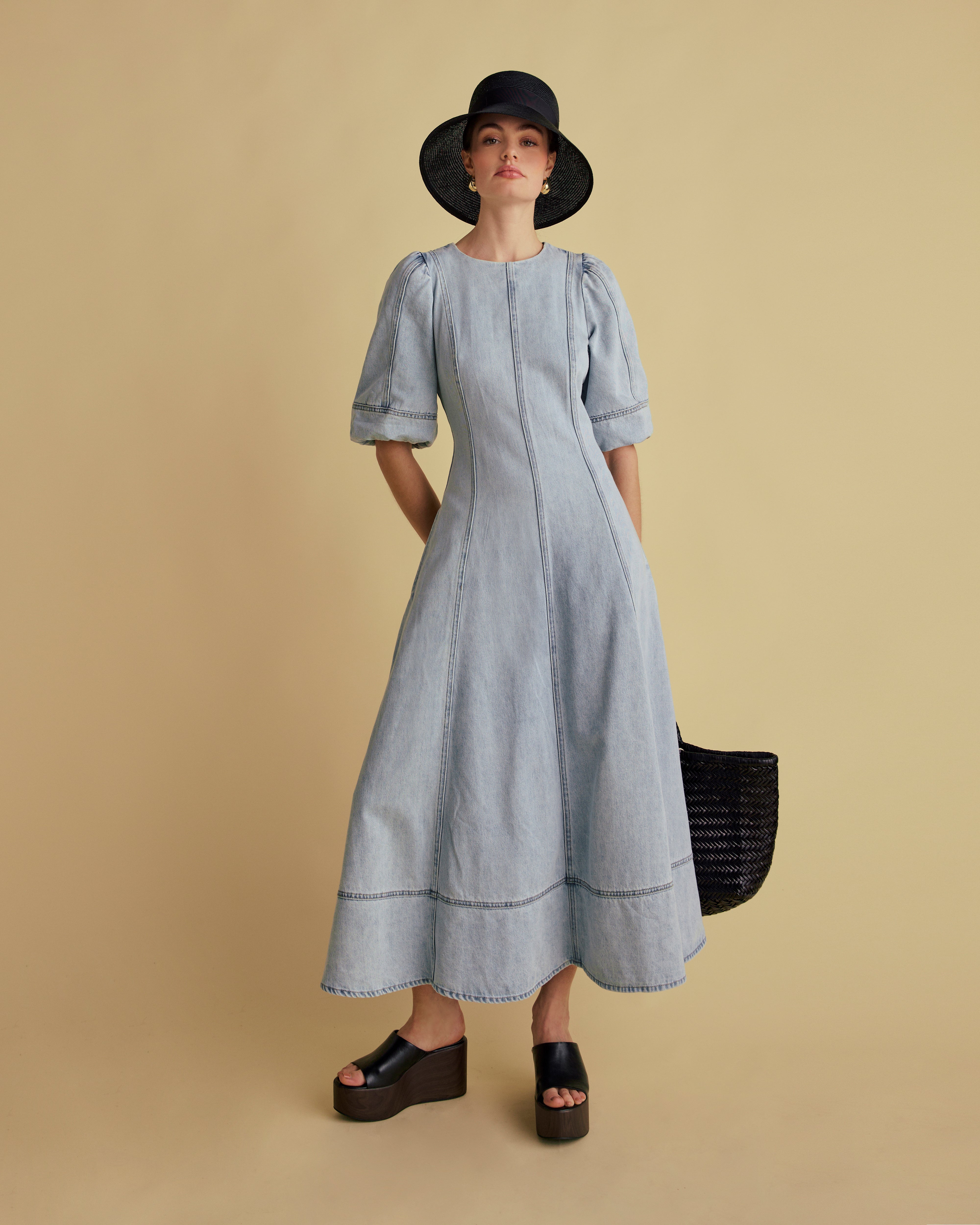 Puff Sleeve Panelled Denim Midi Dress
