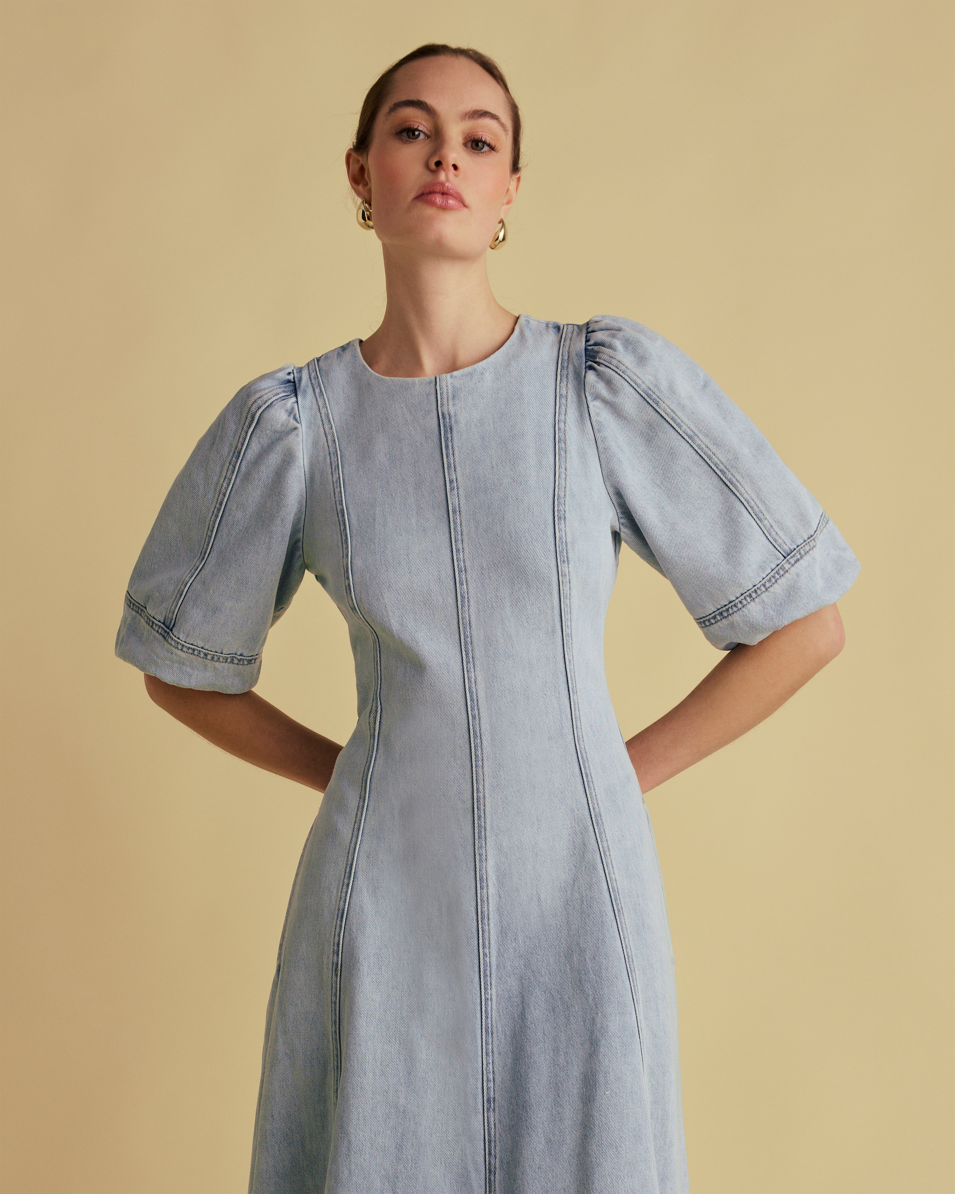 Puff Sleeve Panelled Denim Midi Dress