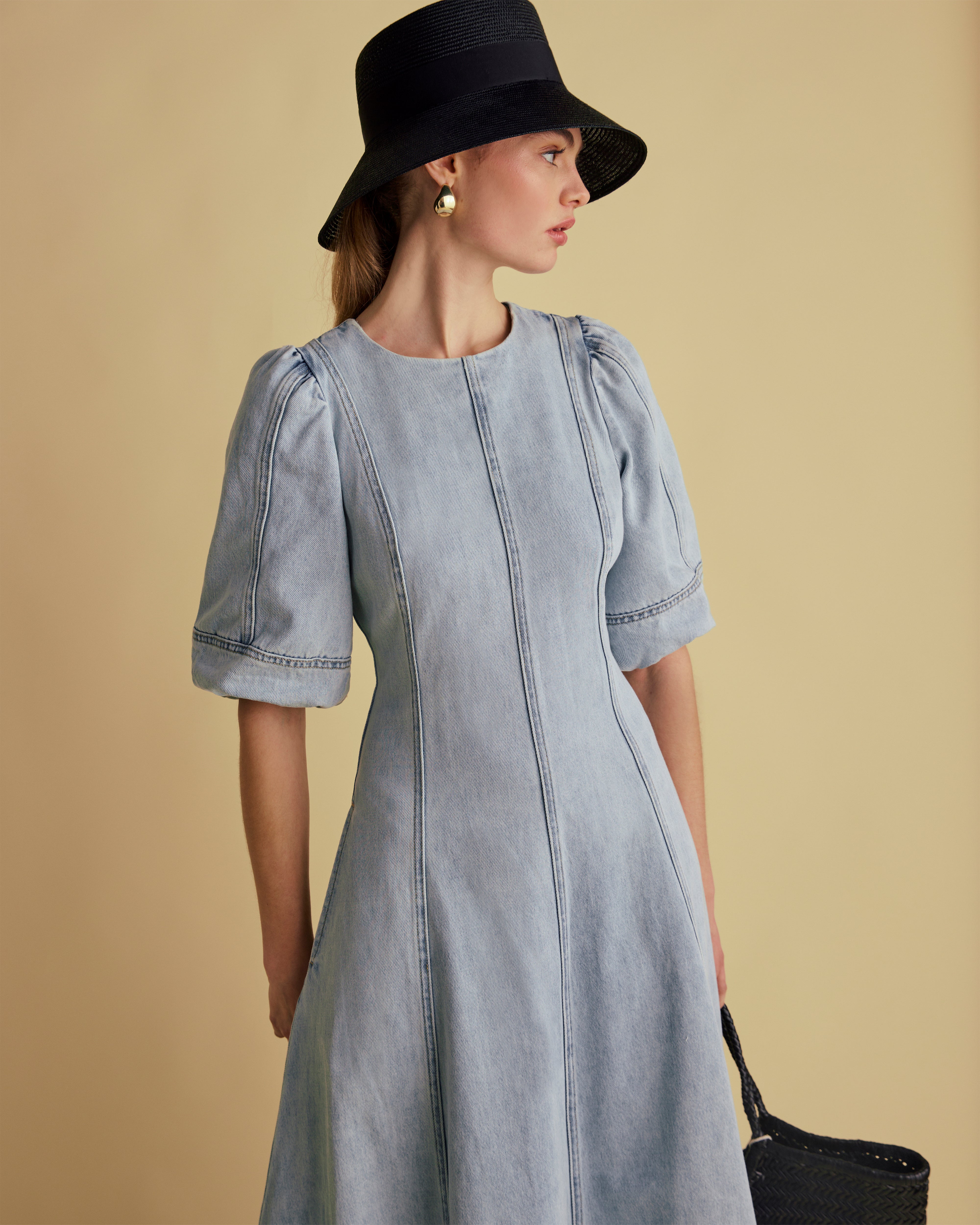Puff Sleeve Panelled Denim Midi Dress