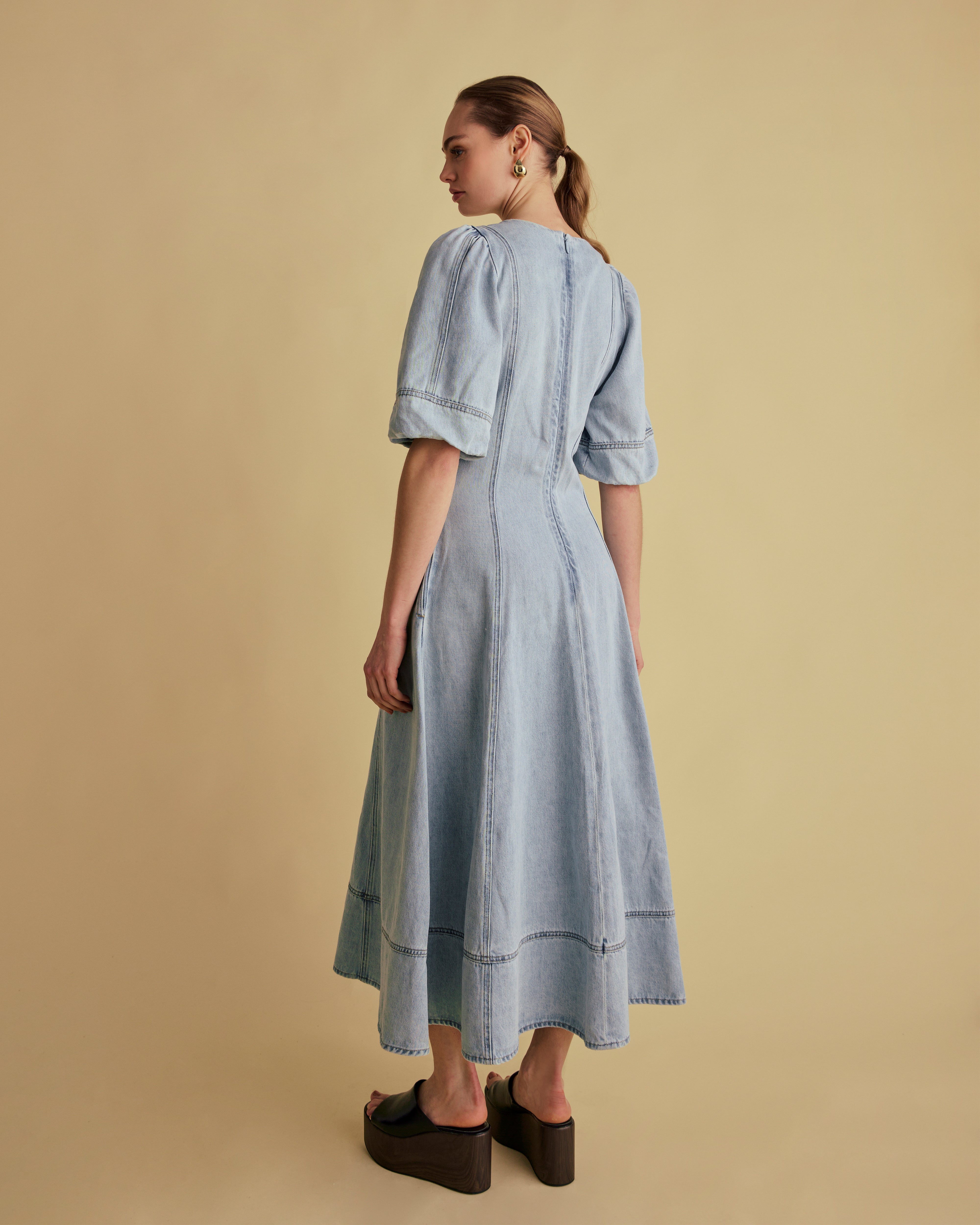 Puff Sleeve Panelled Denim Midi Dress