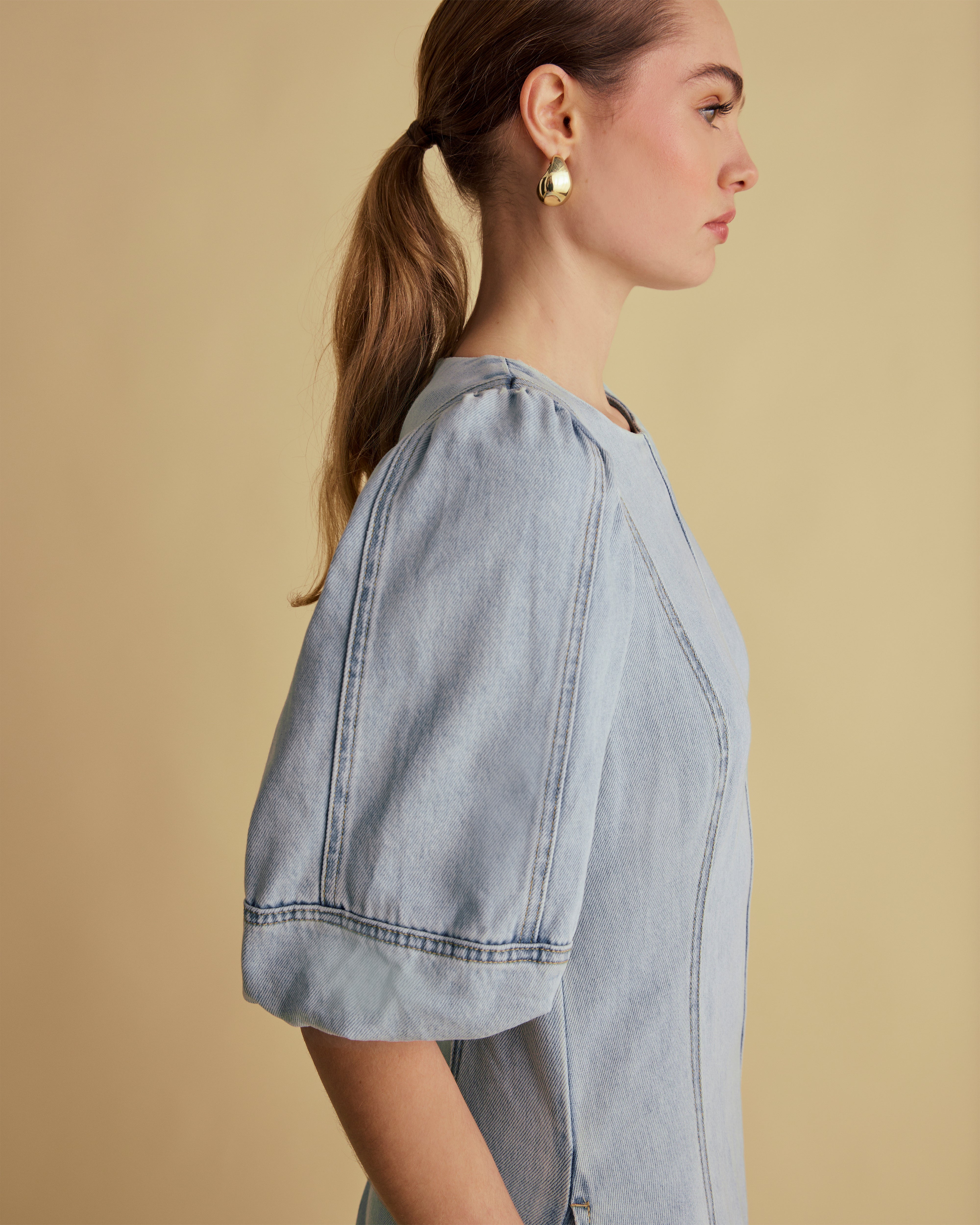 Puff Sleeve Panelled Denim Midi Dress