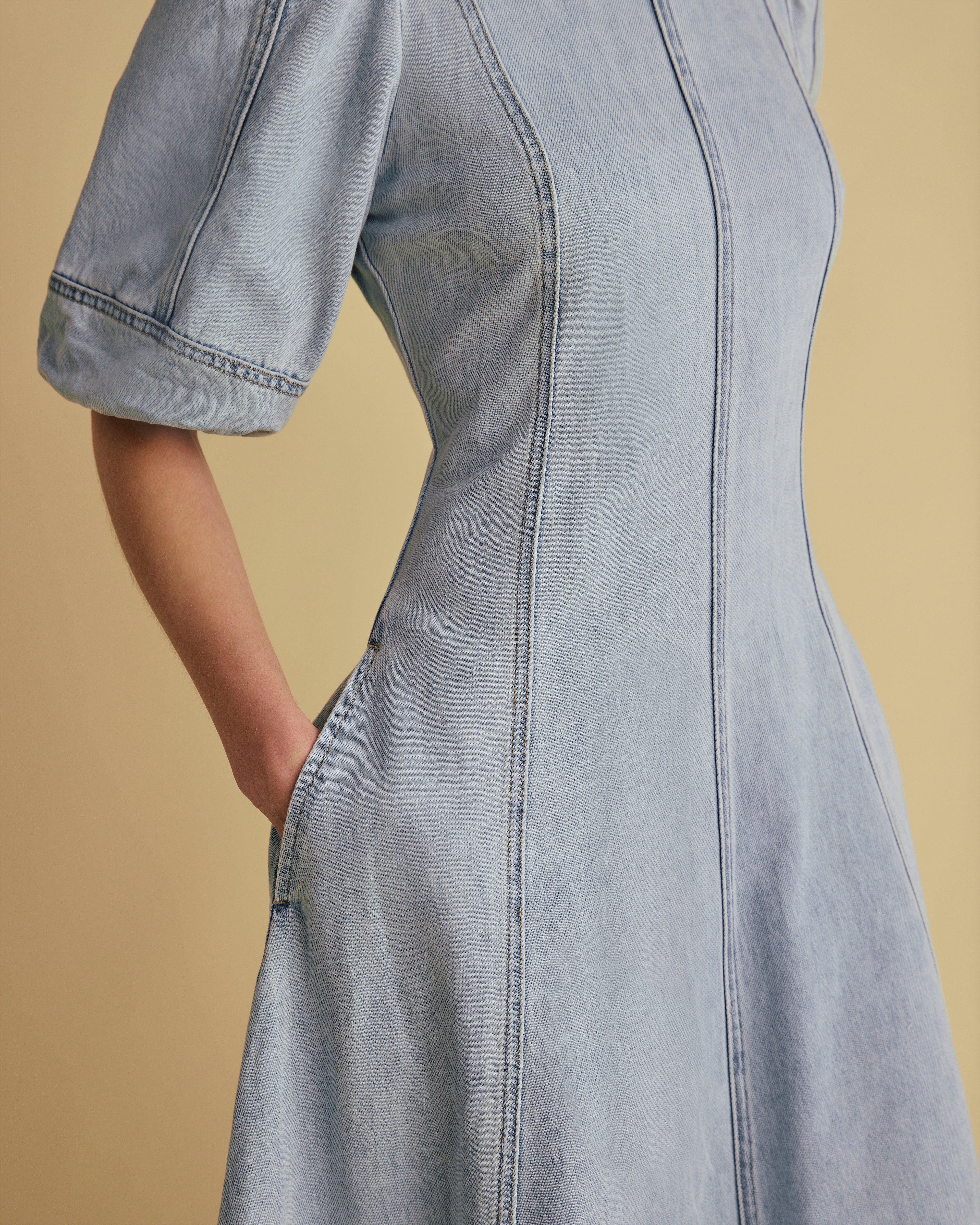 Puff Sleeve Panelled Denim Midi Dress