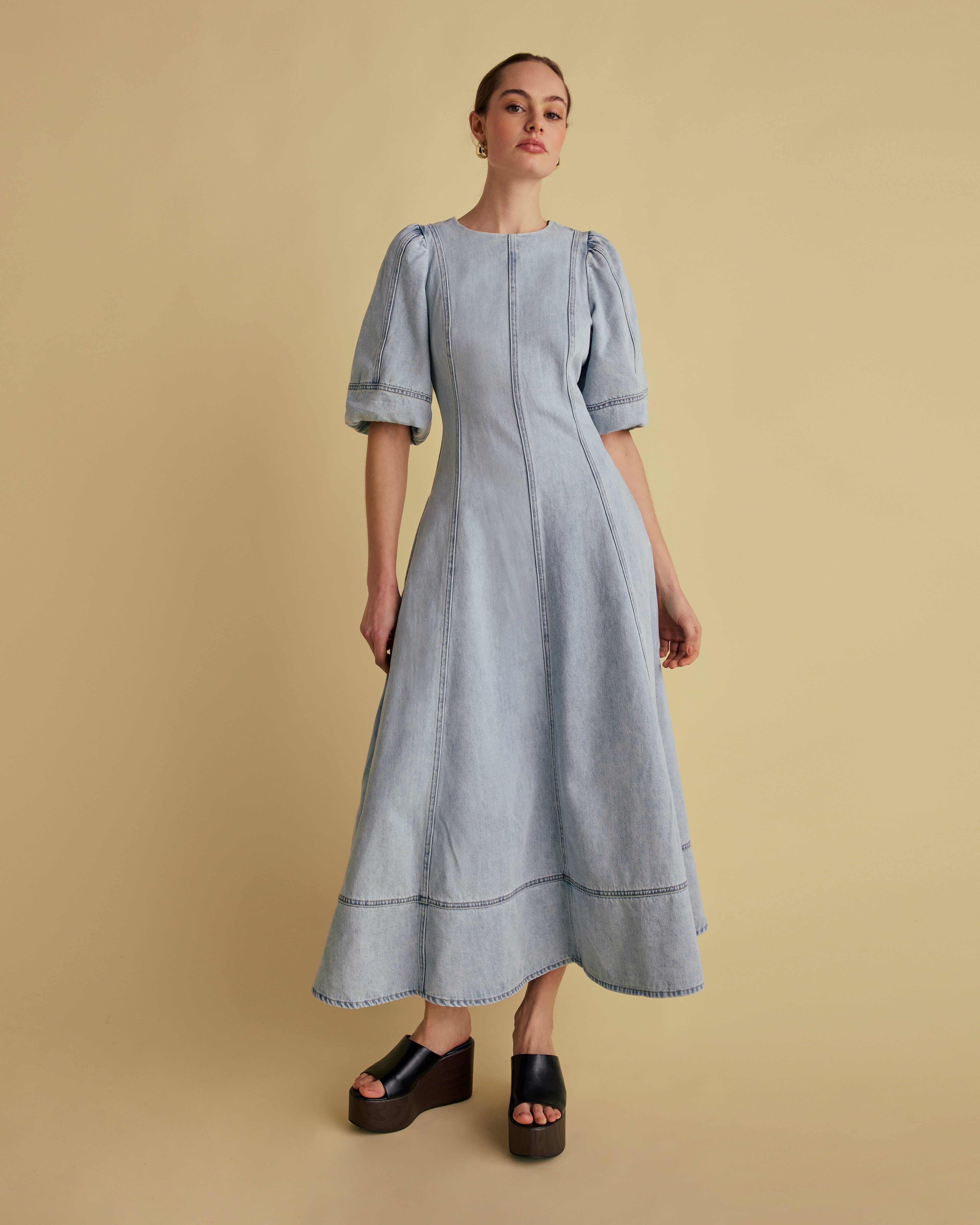 Puff Sleeve Panelled Denim Midi Dress