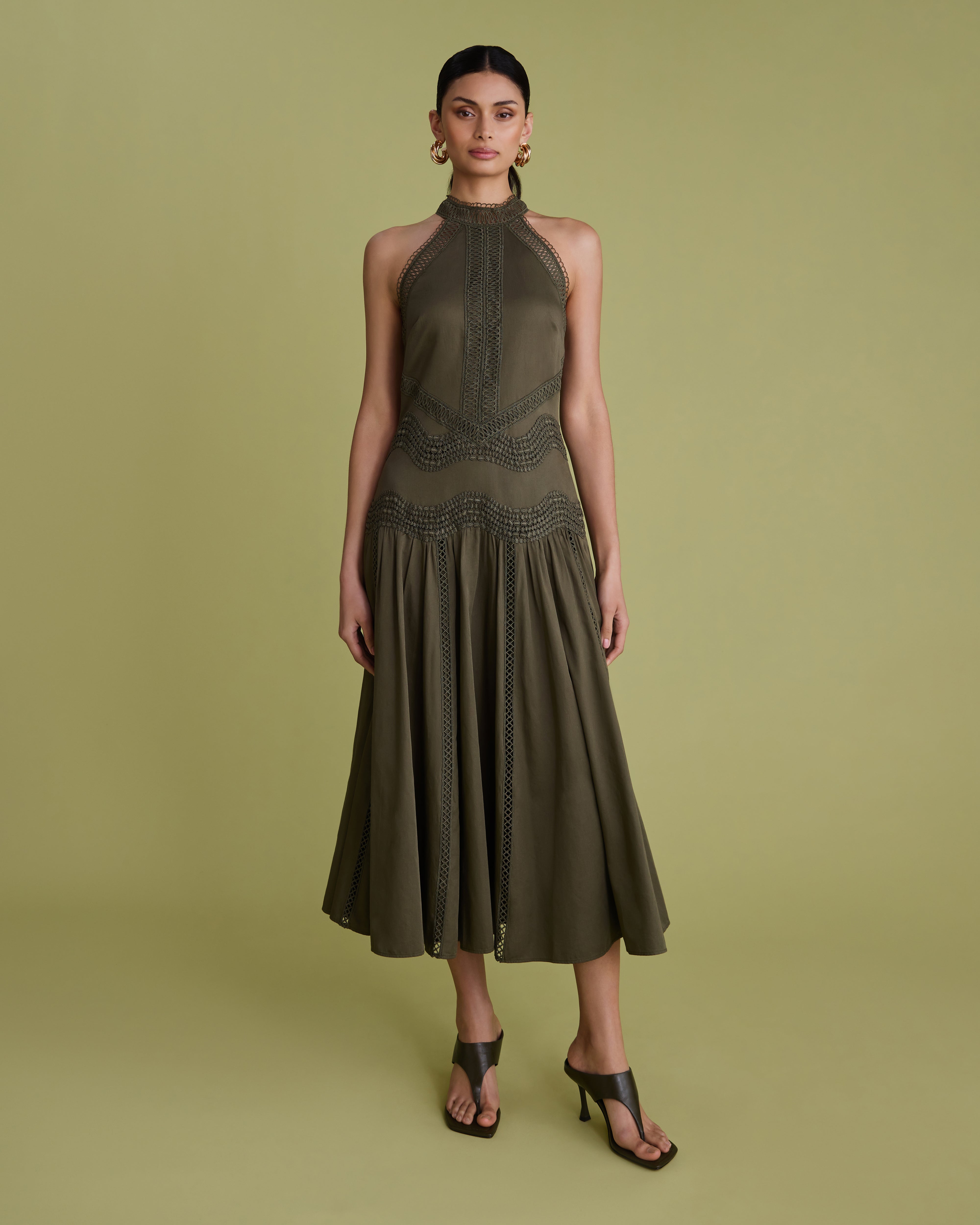 khaki lace dress ASOS DESIGN short sleeve V-neck lace midi dress in khaki