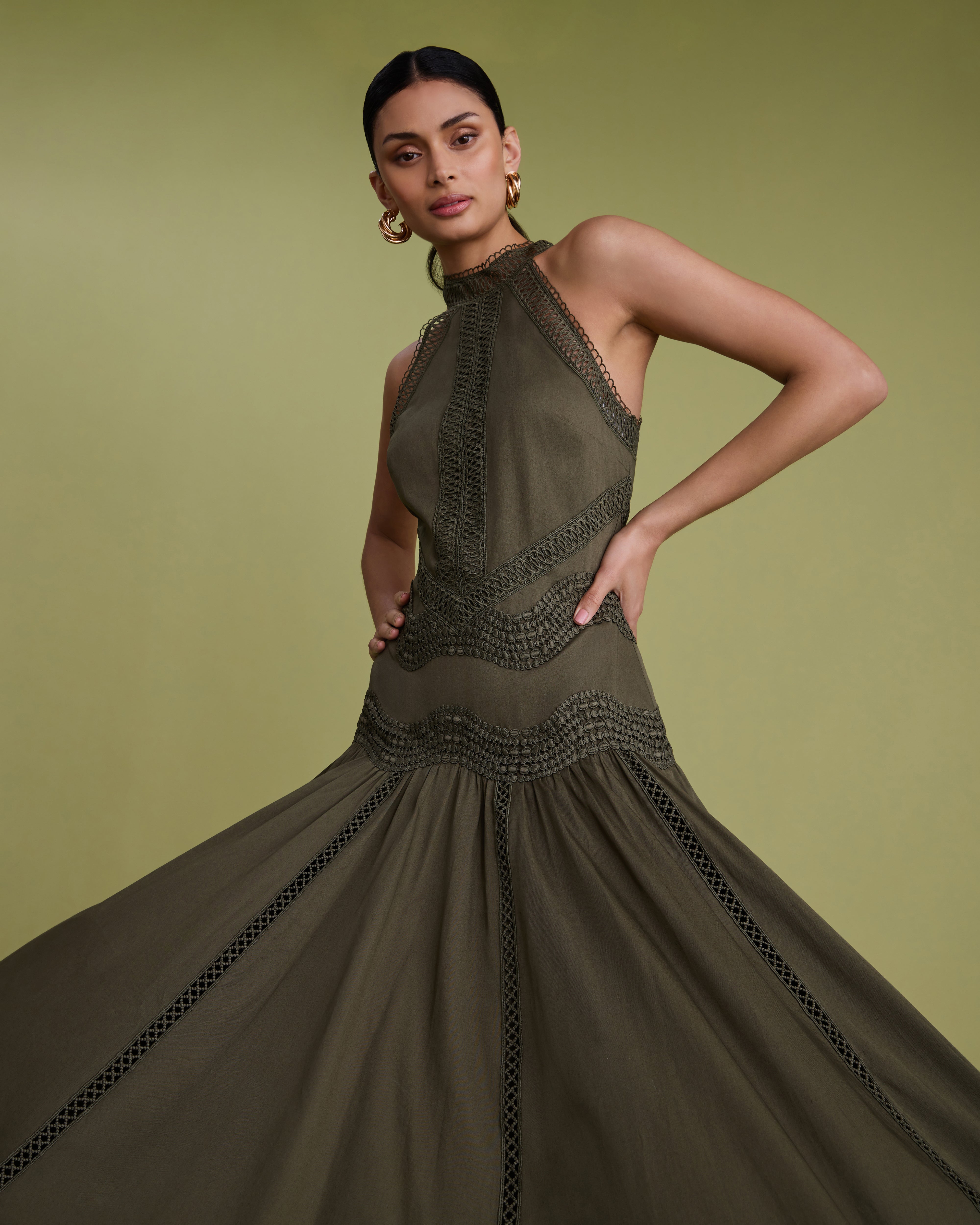 Lace Detail Halter Cotton Midi Dress