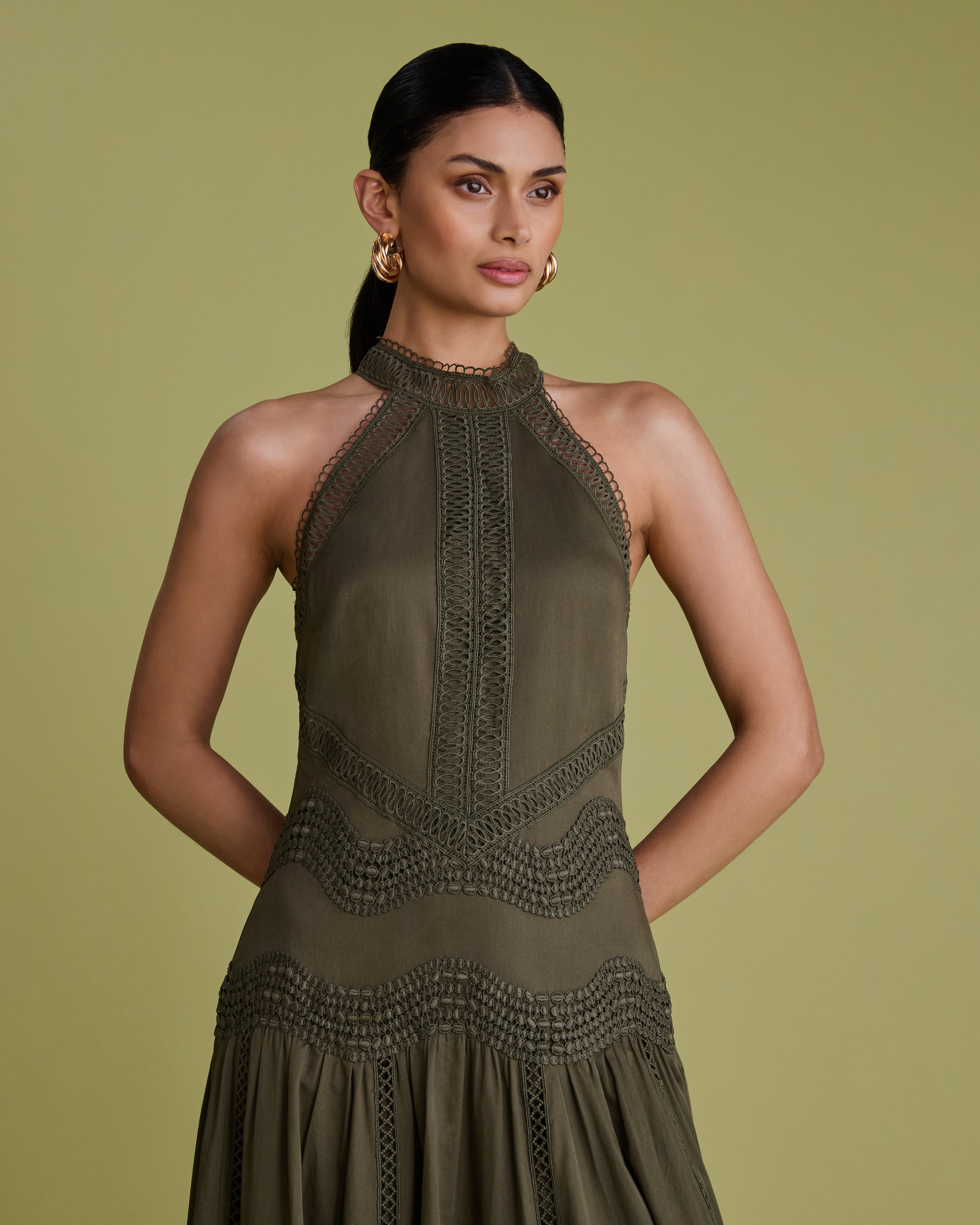 Lace Detail Halter Cotton Midi Dress