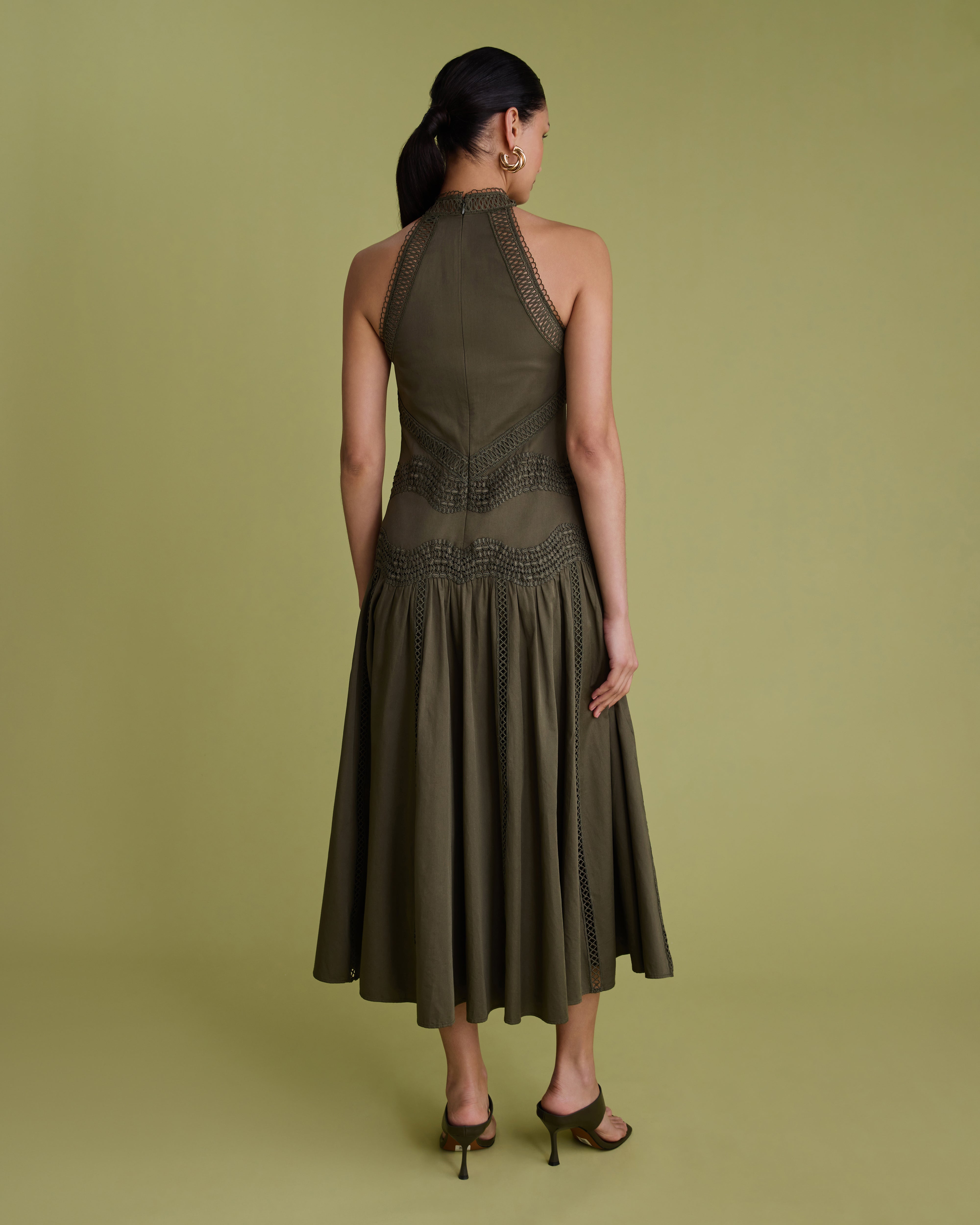 Lace Detail Halter Cotton Midi Dress