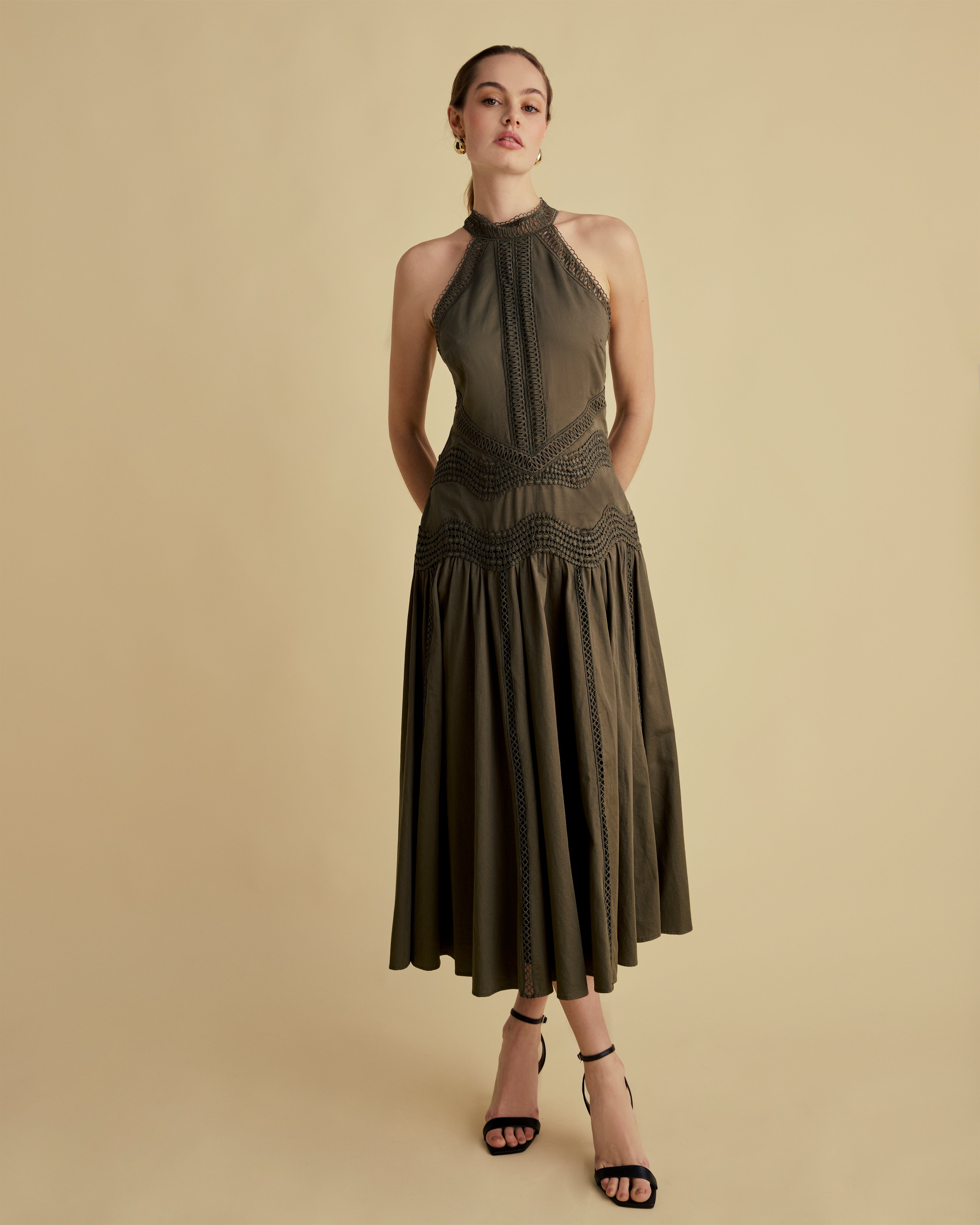 Lace Detail Halter Cotton Midi Dress