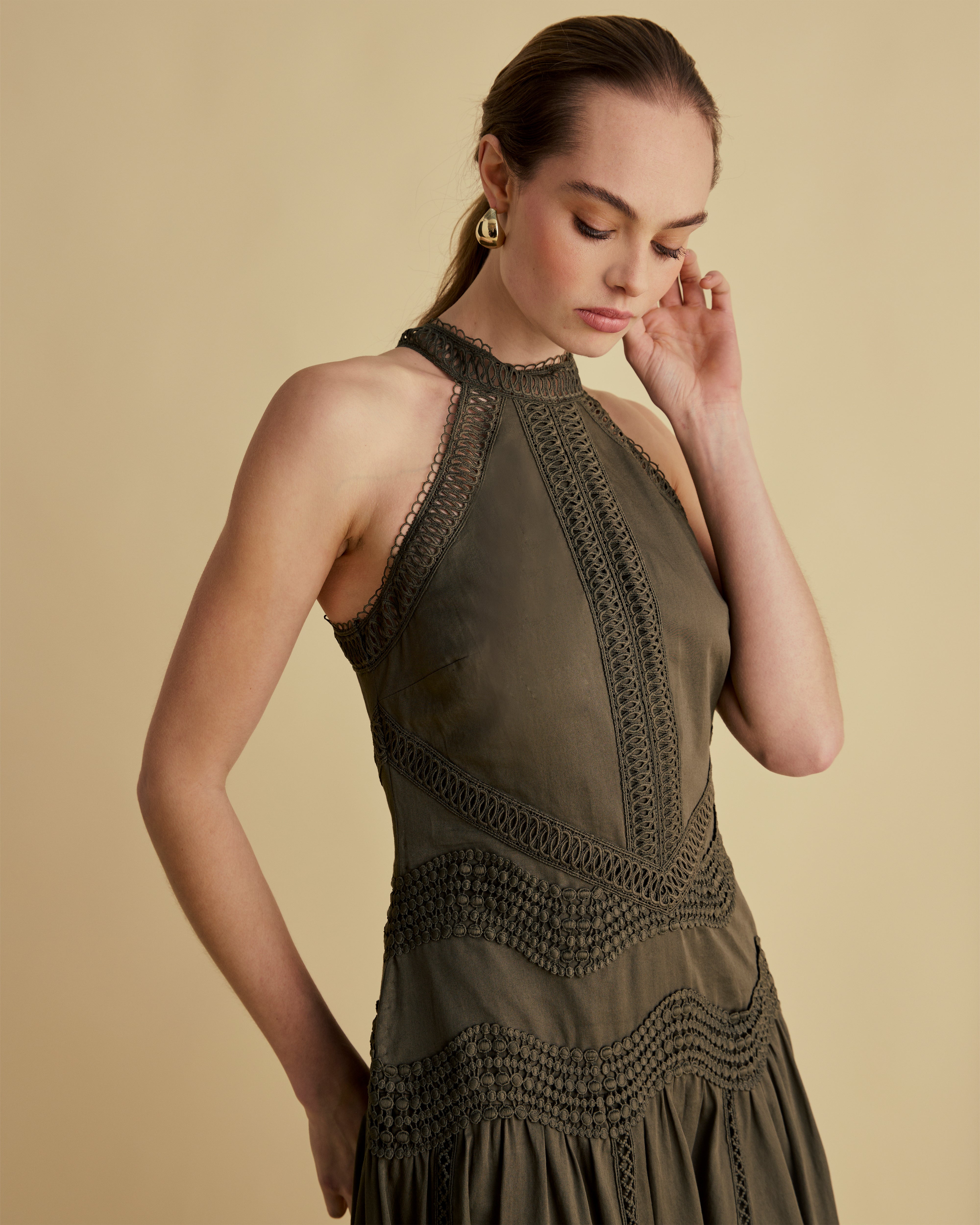 Lace Detail Halter Cotton Midi Dress