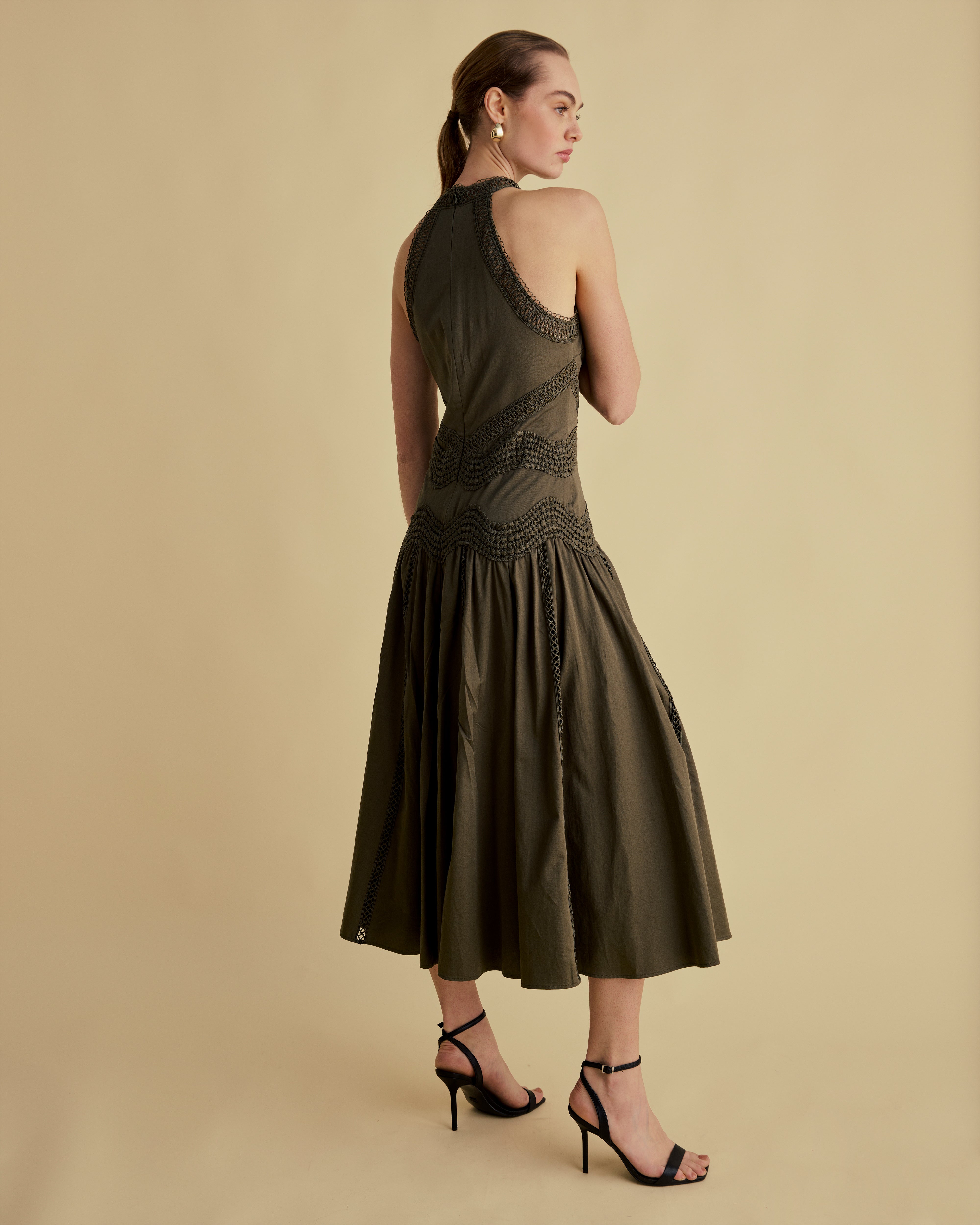 Lace Detail Halter Cotton Midi Dress