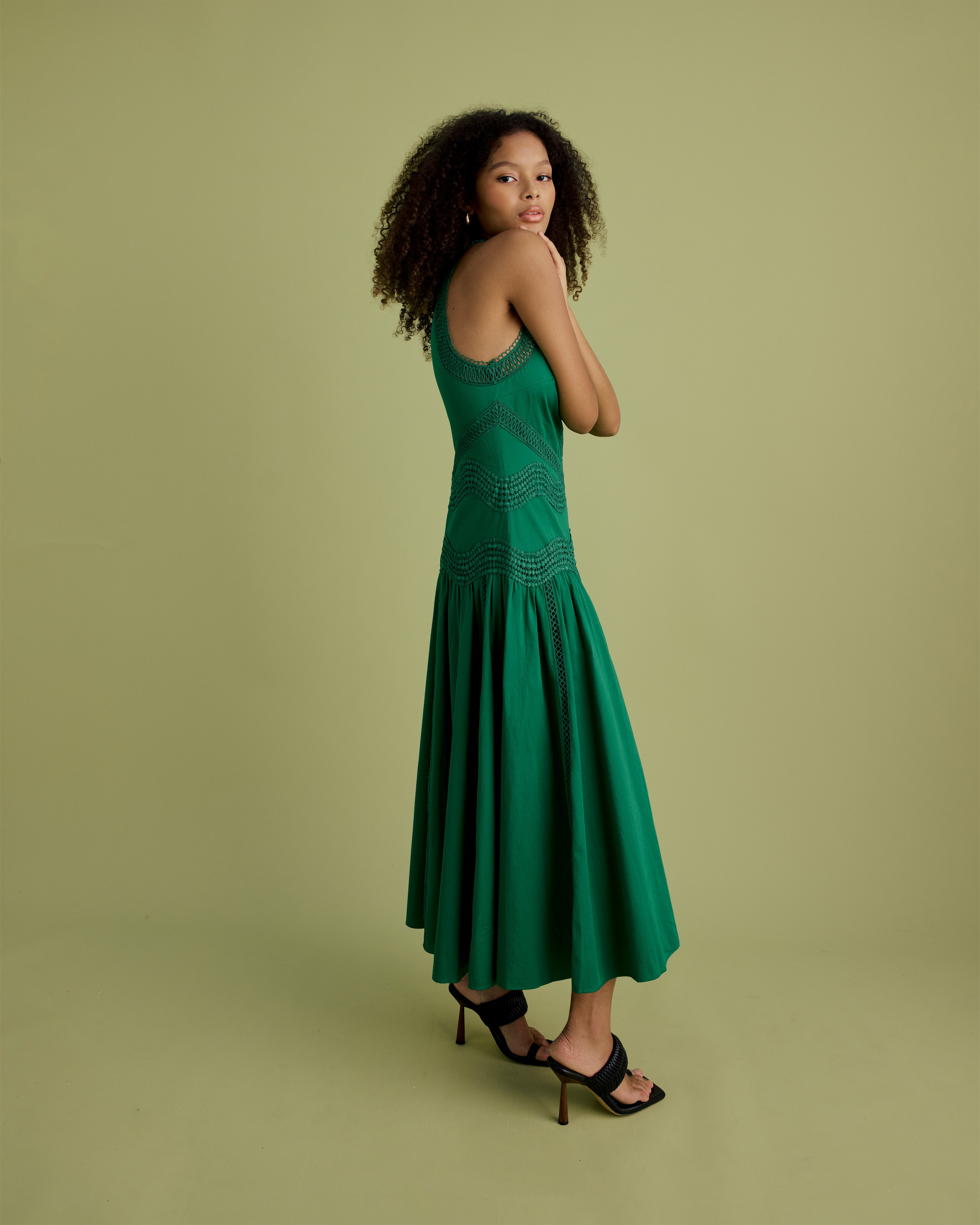 Lace Detail Halter Cotton Midi Dress