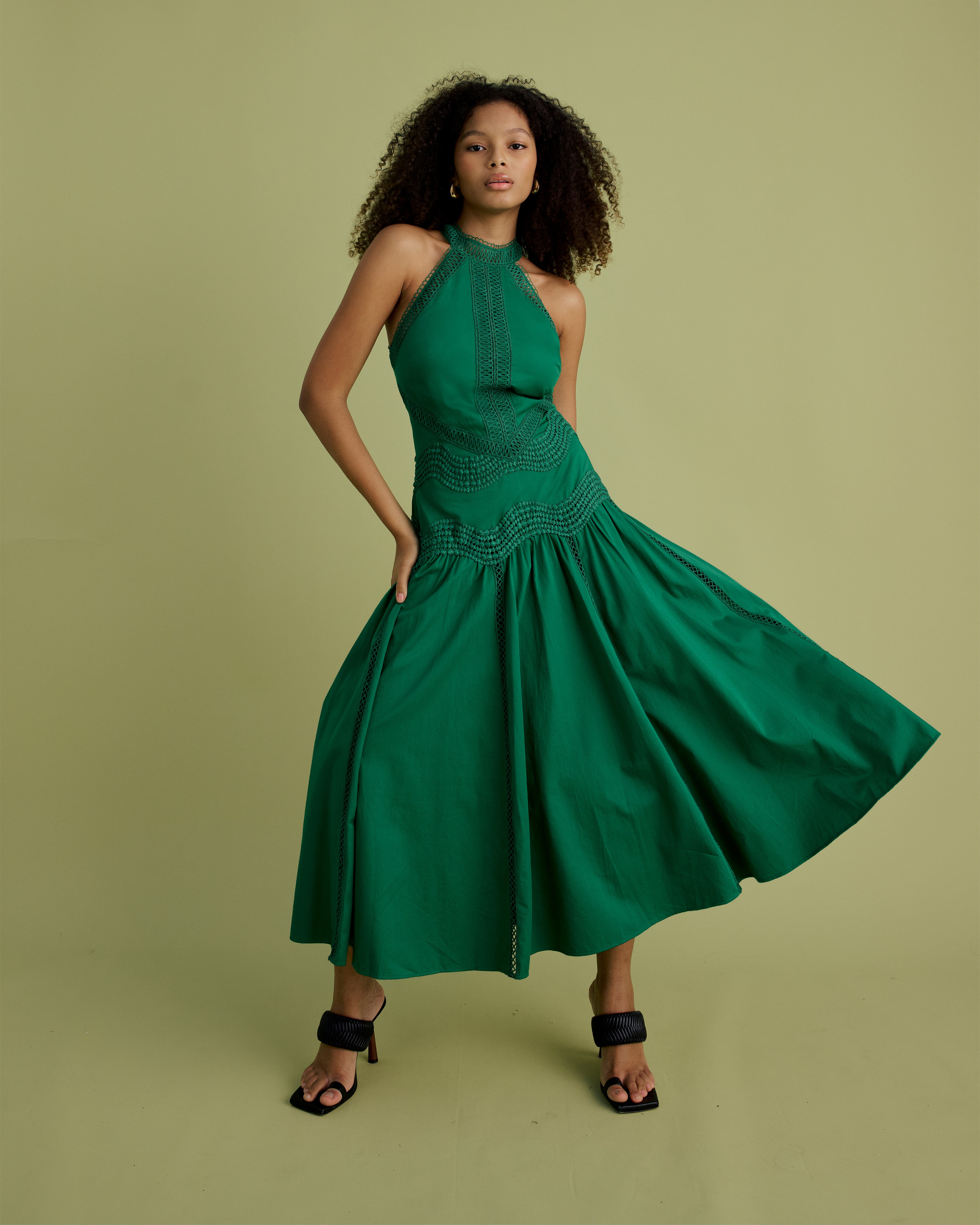 Lace Detail Halter Cotton Midi Dress