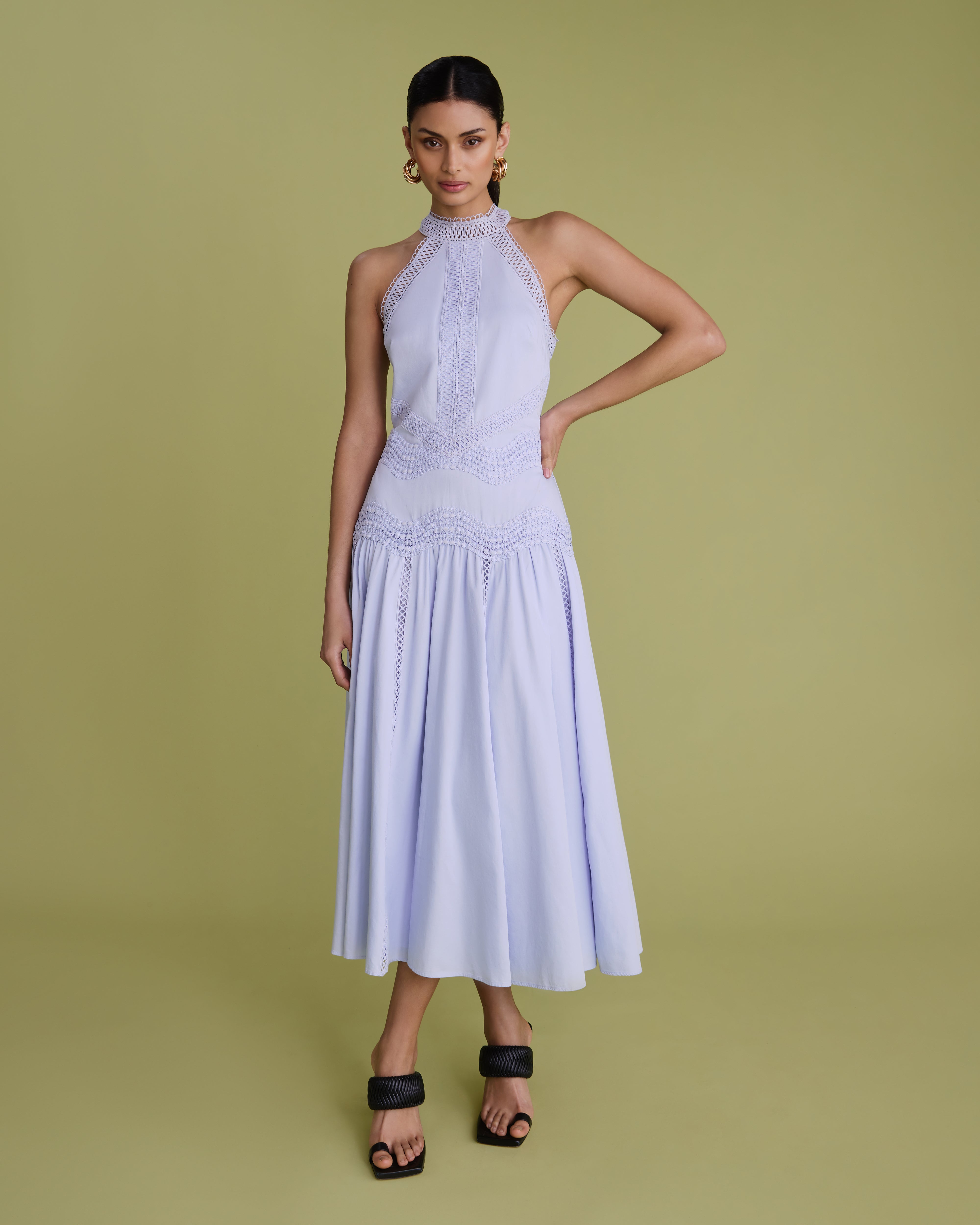 Lace Detail Halter Cotton Midi Dress