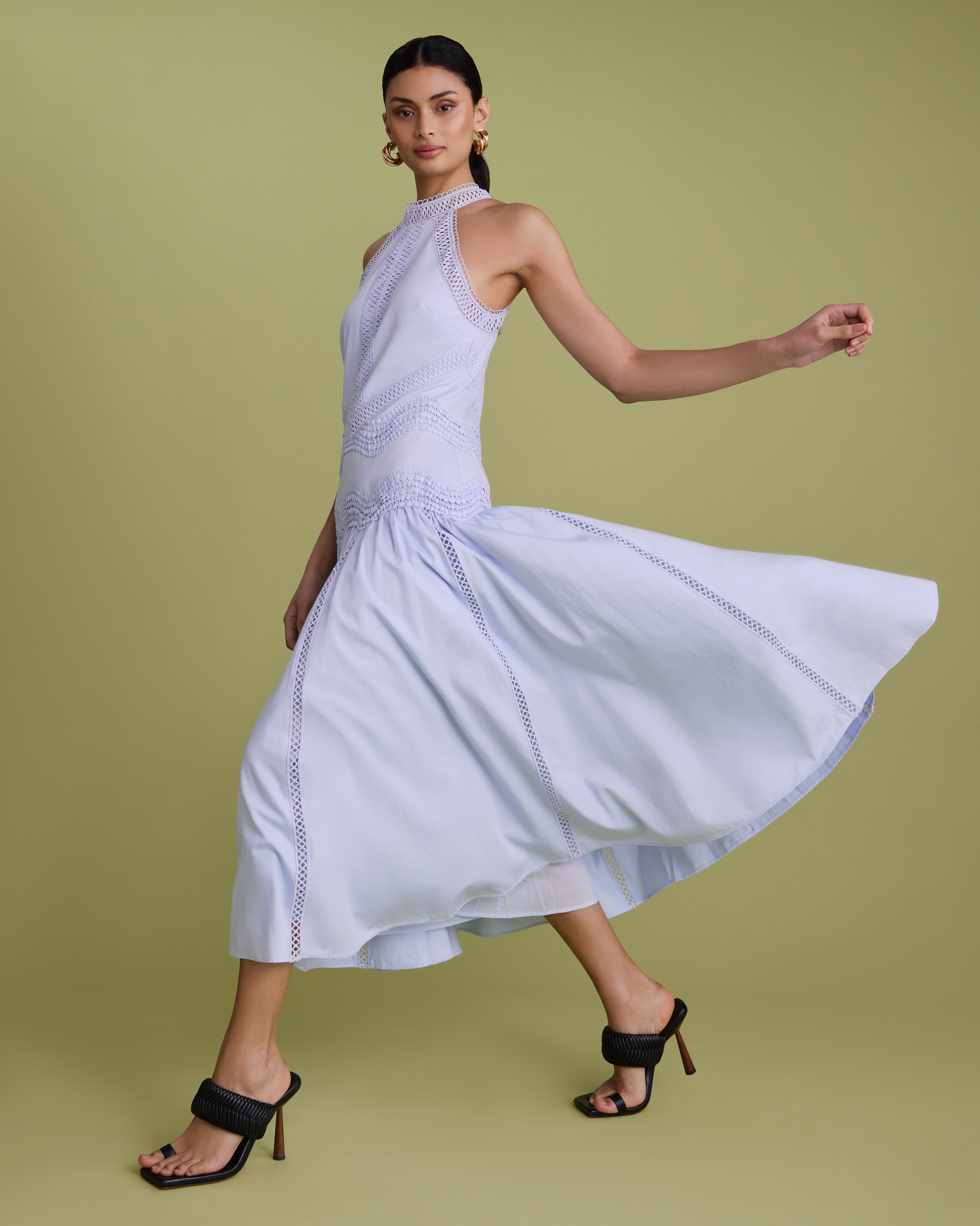 Lace Detail Halter Cotton Midi Dress