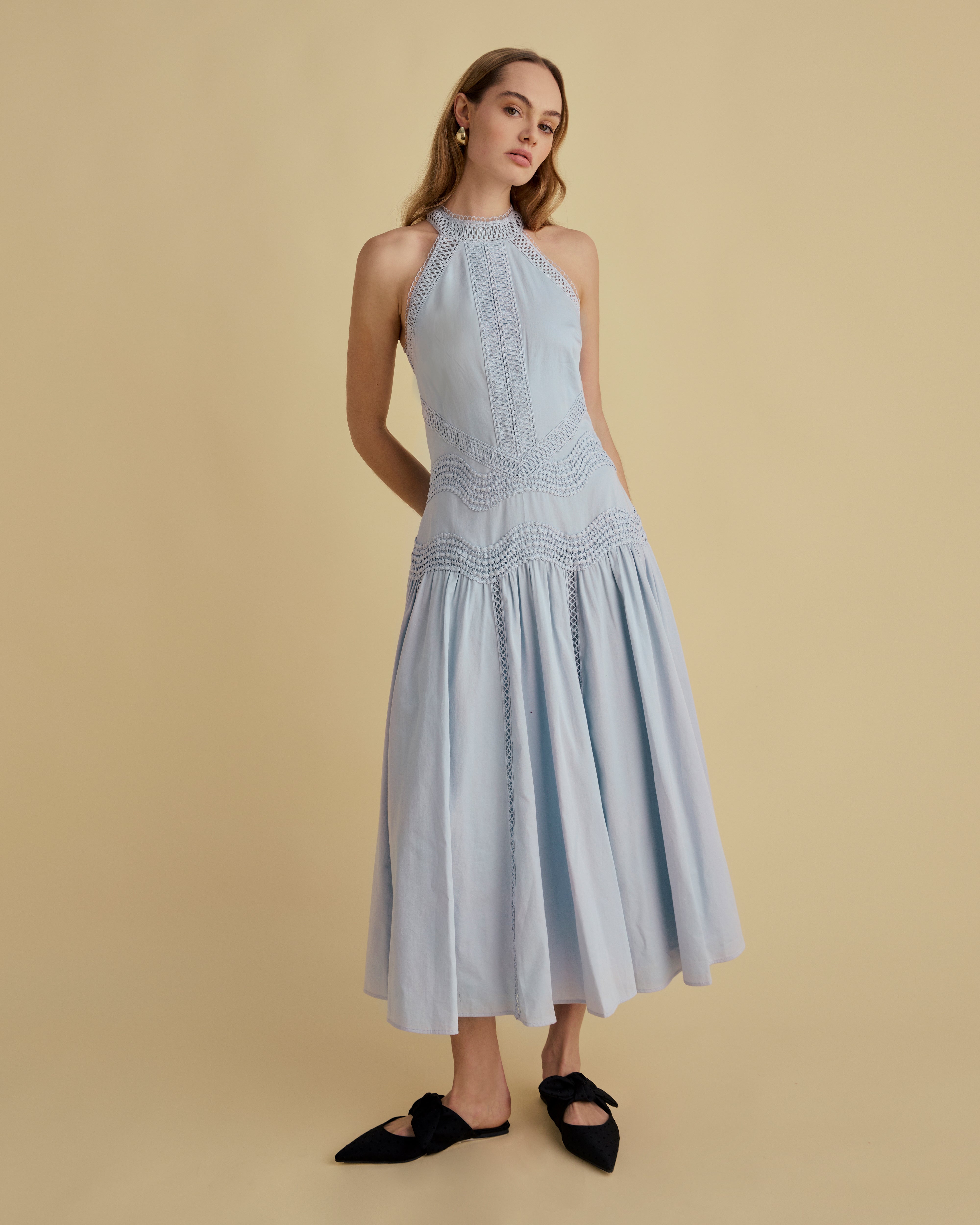 Lace Detail Halter Cotton Midi Dress