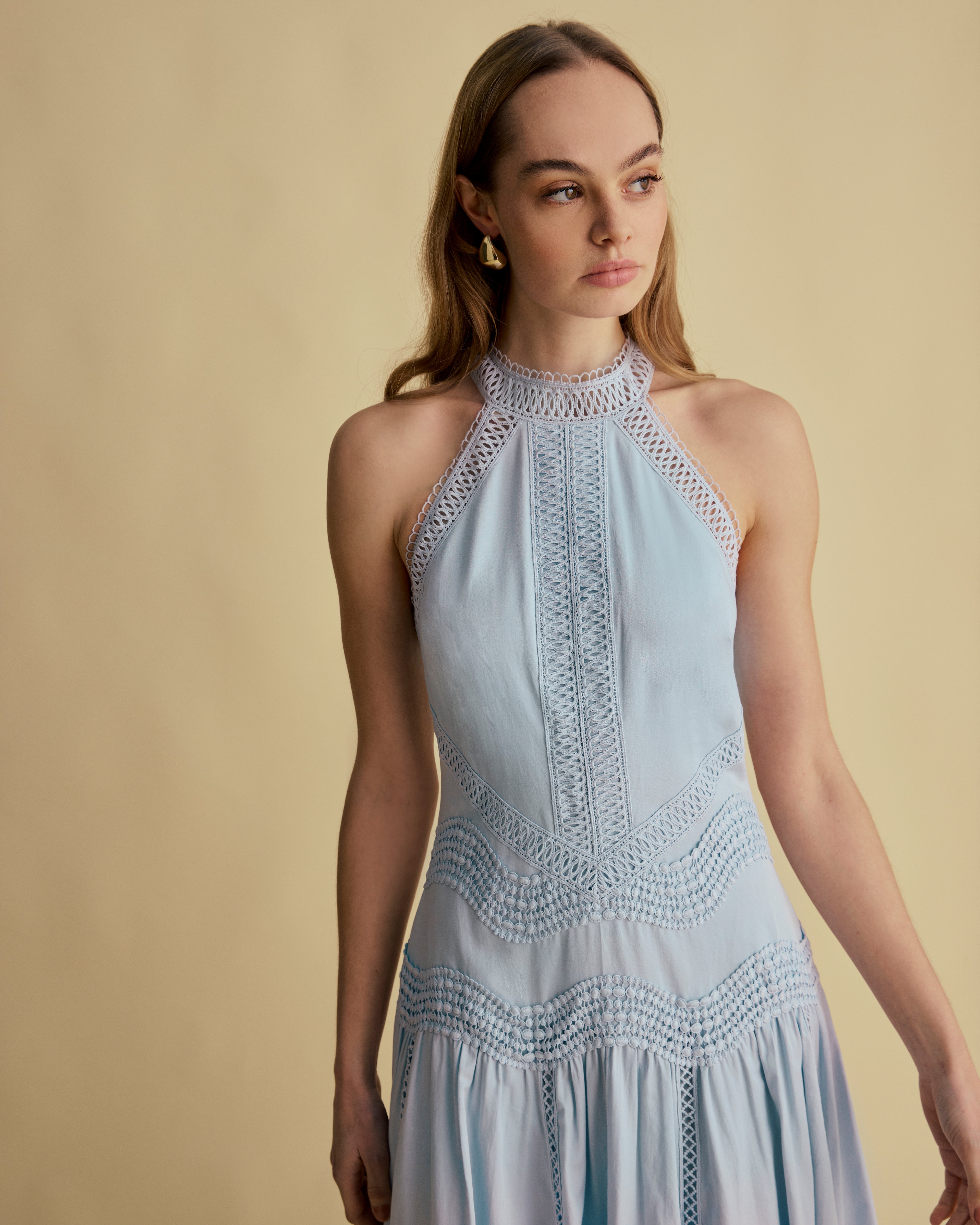 Lace Detail Halter Cotton Midi Dress