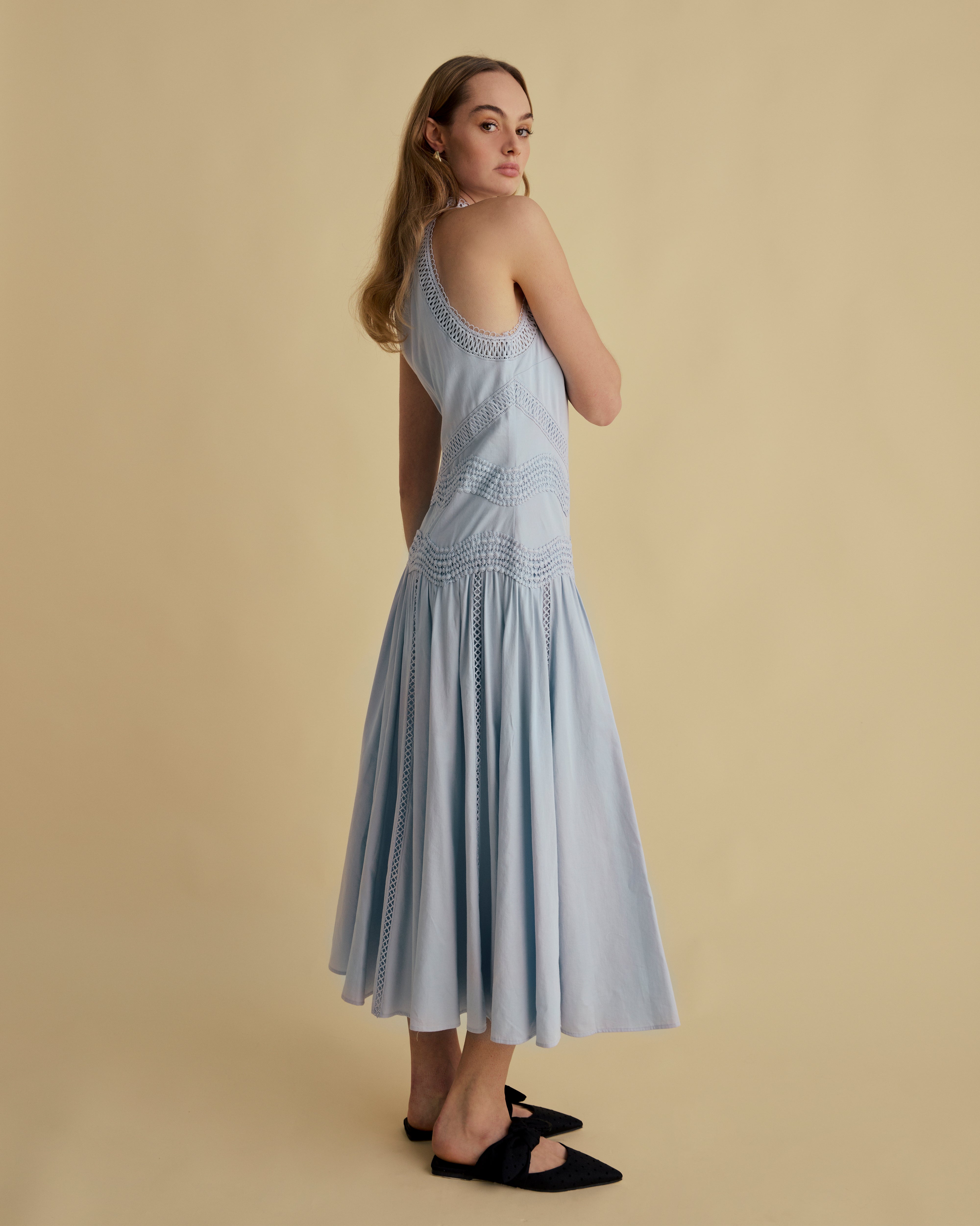 Lace Detail Halter Cotton Midi Dress