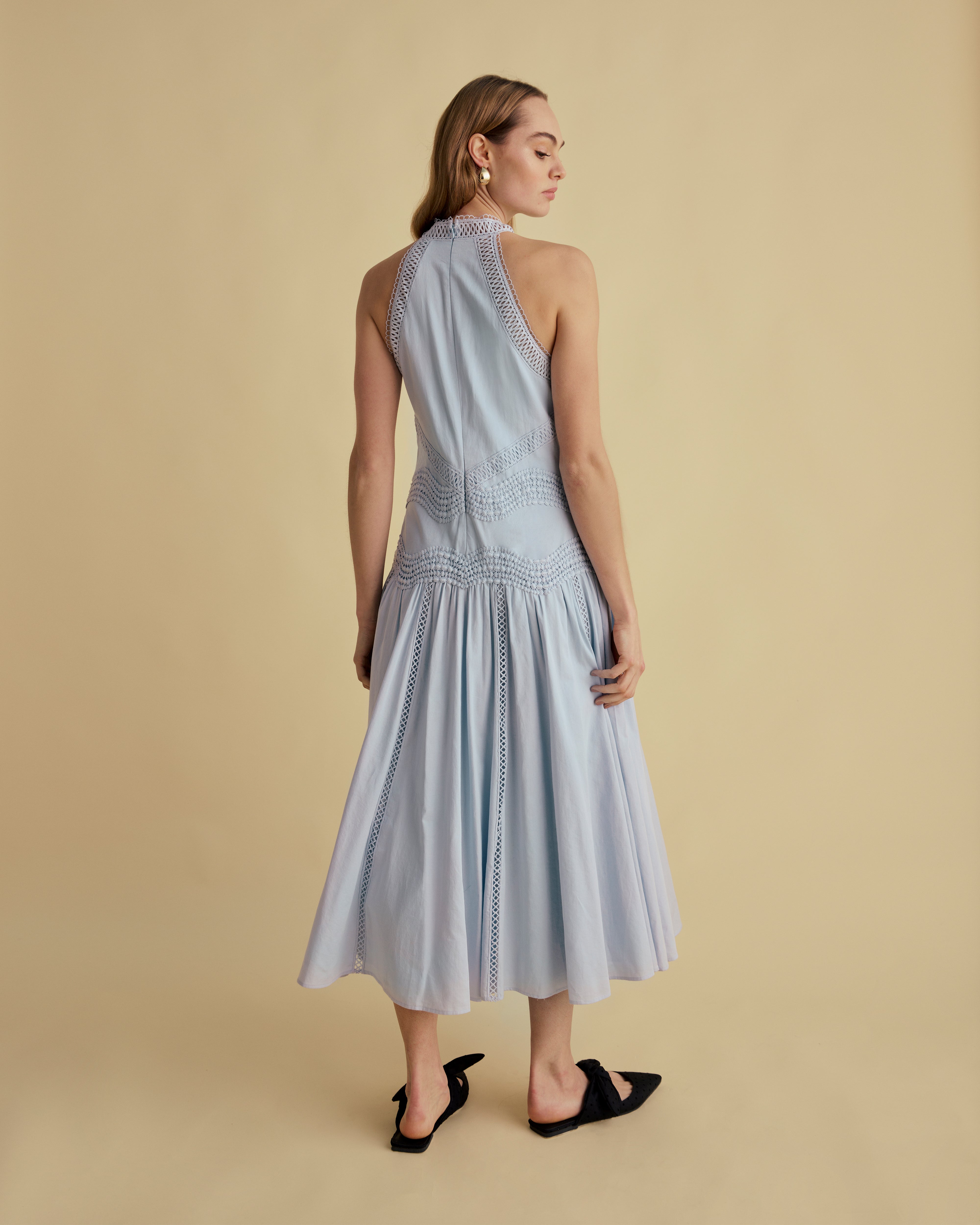 Lace Detail Halter Cotton Midi Dress