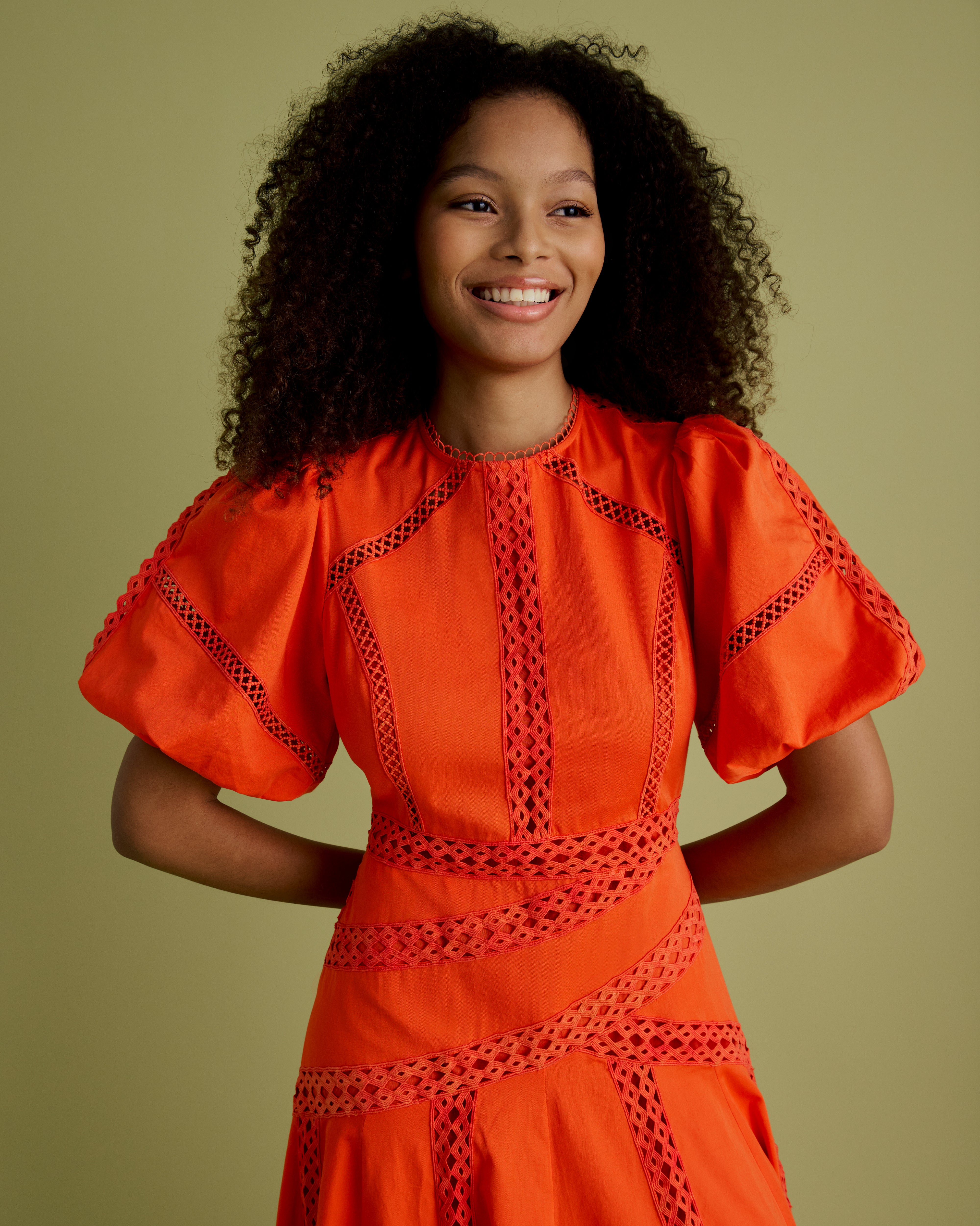 Lace Detail Puff Sleeve Cotton Midi Dress