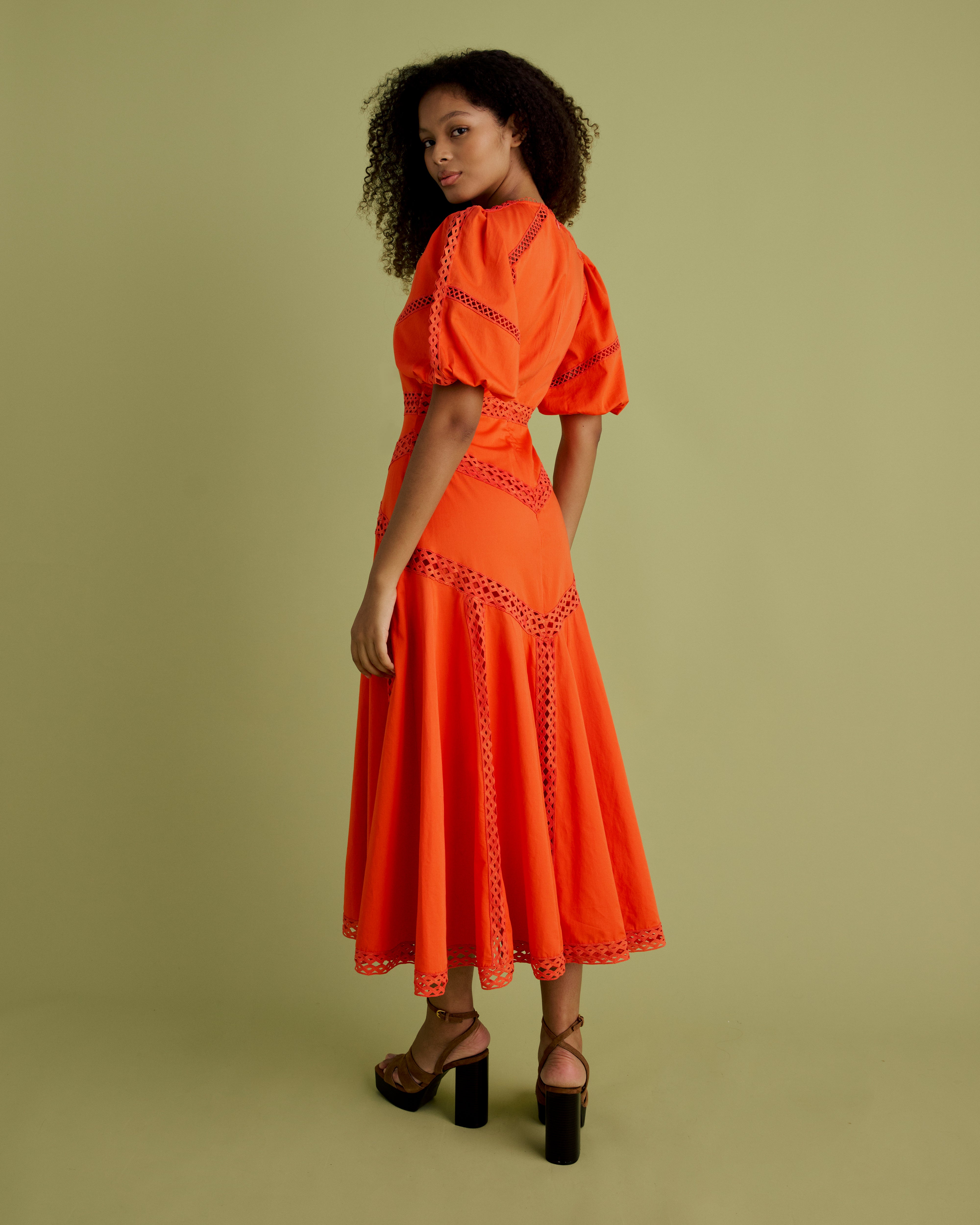 Lace Detail Puff Sleeve Cotton Midi Dress – Florere