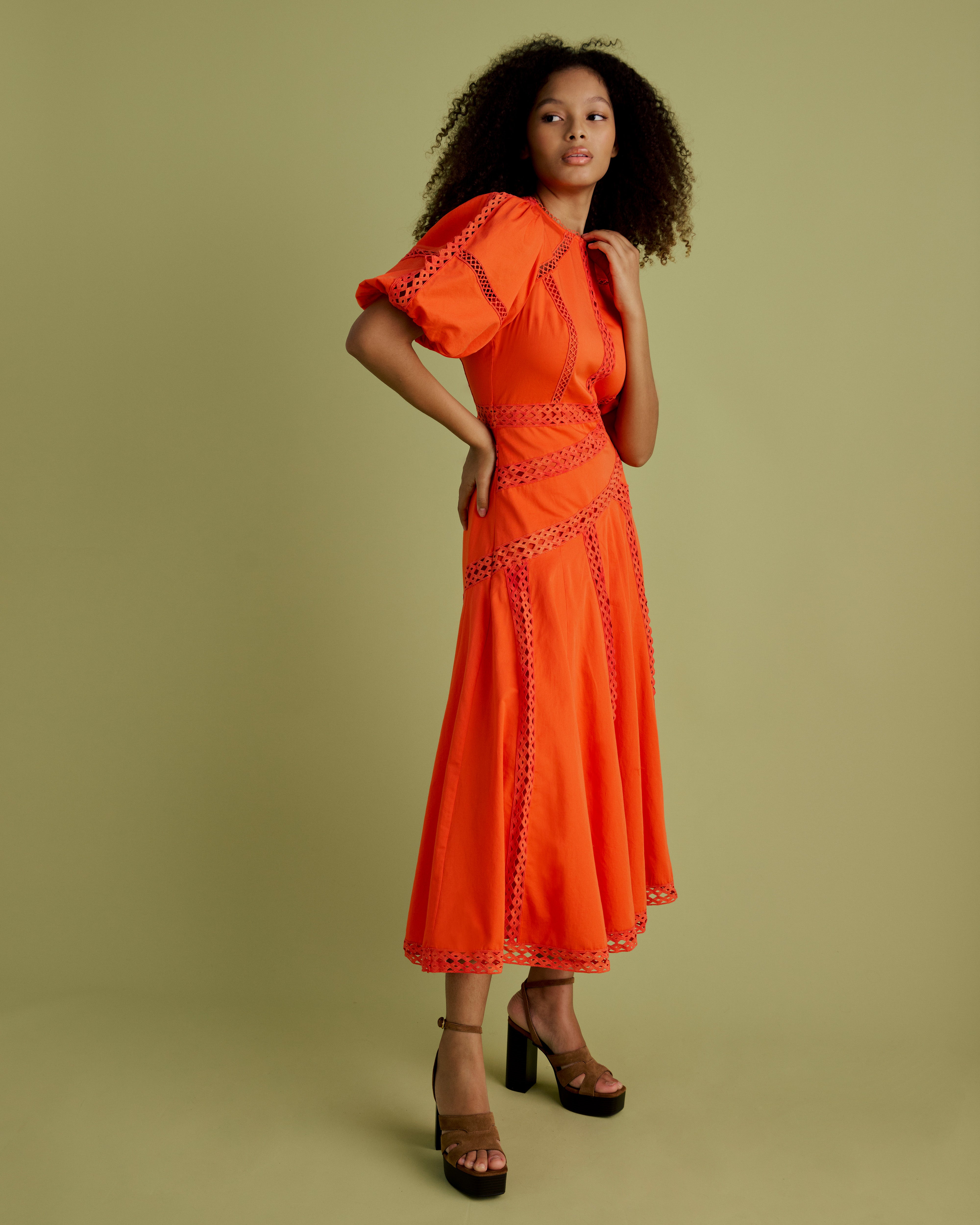 Lace Detail Puff Sleeve Cotton Midi Dress Florere Lace Detail Puff Sleeve Cotton Midi Dress Florere