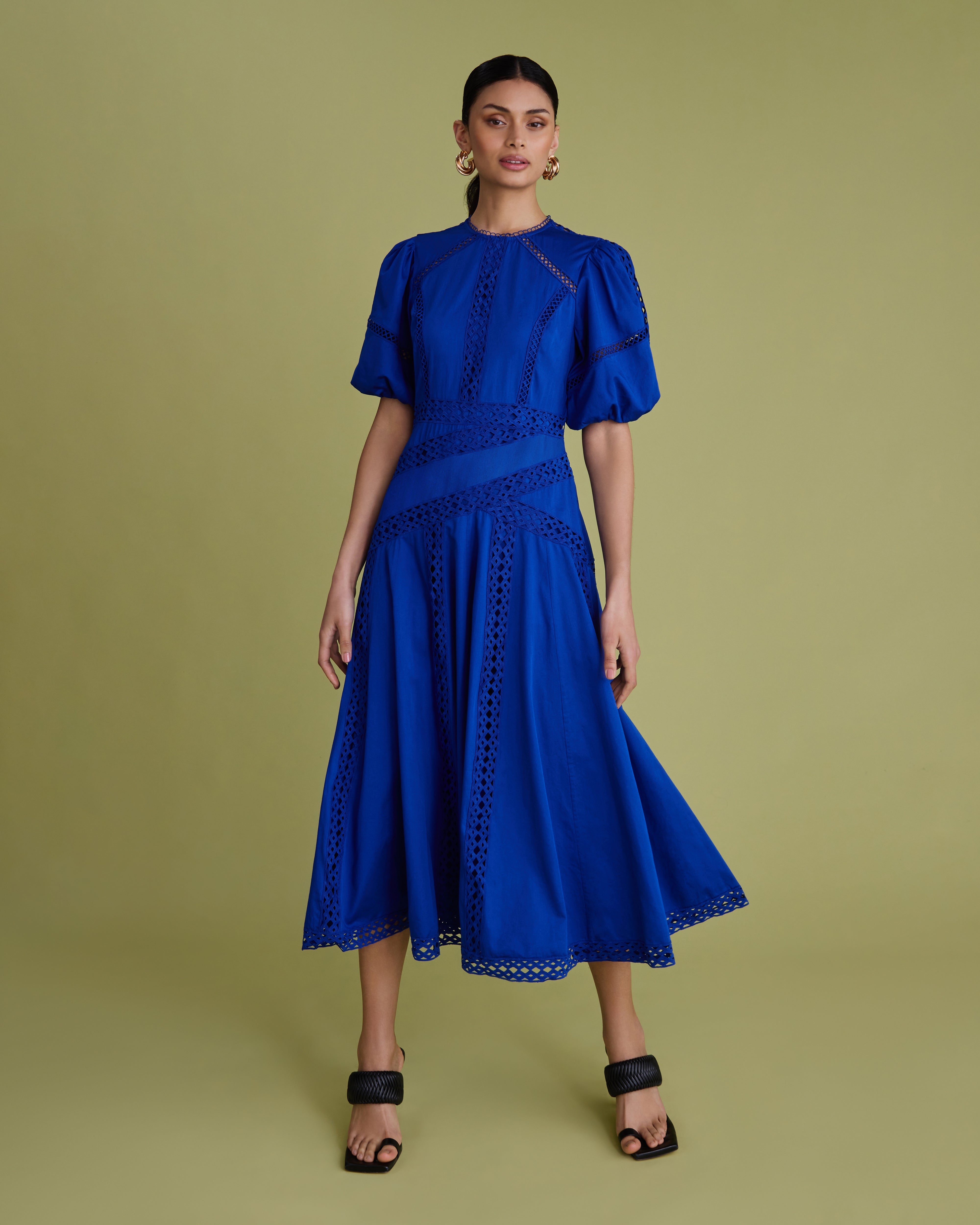 Lace Detail Puff Sleeve Cotton Midi Dress – Florere