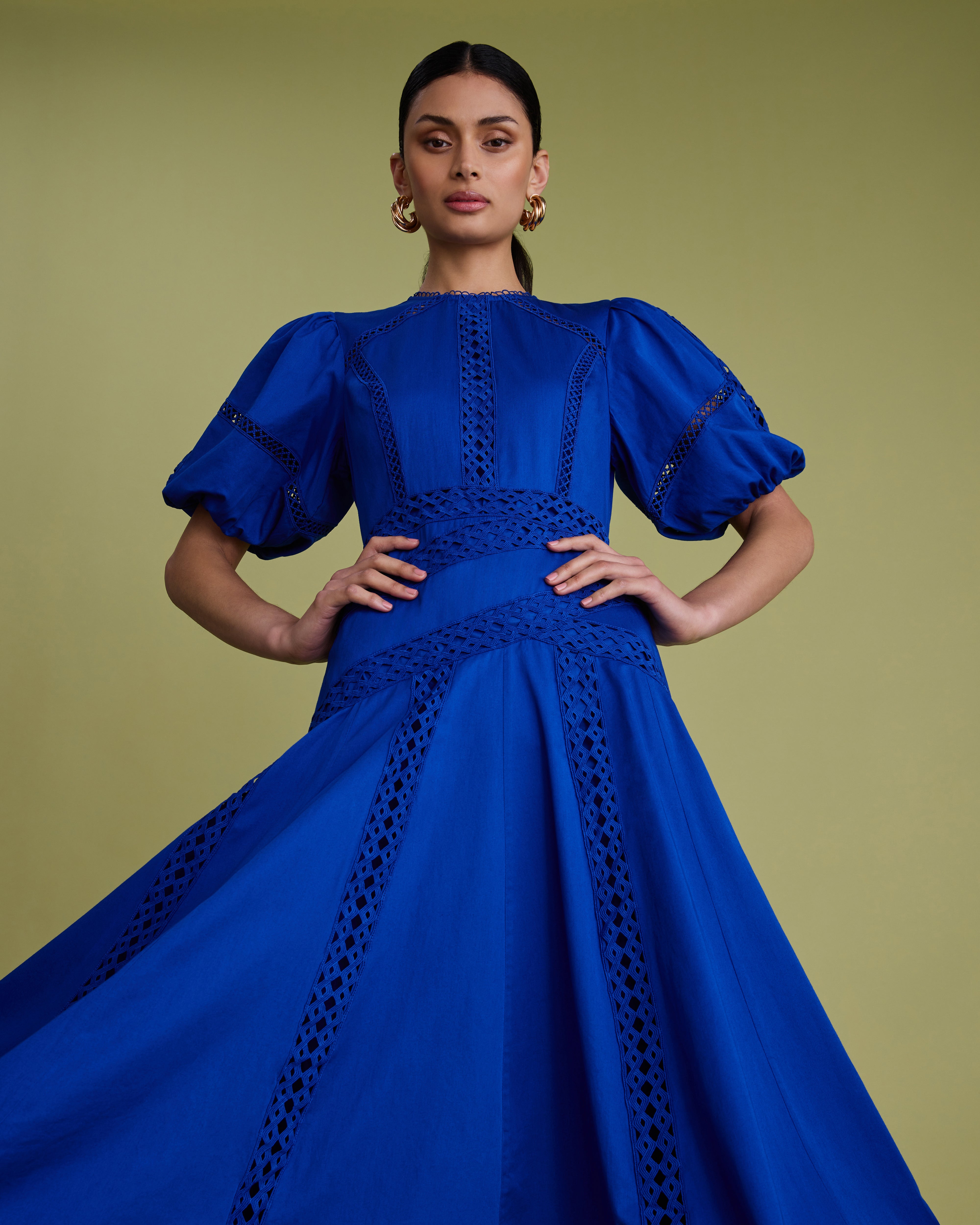 Lace Detail Puff Sleeve Cotton Midi Dress – Florere