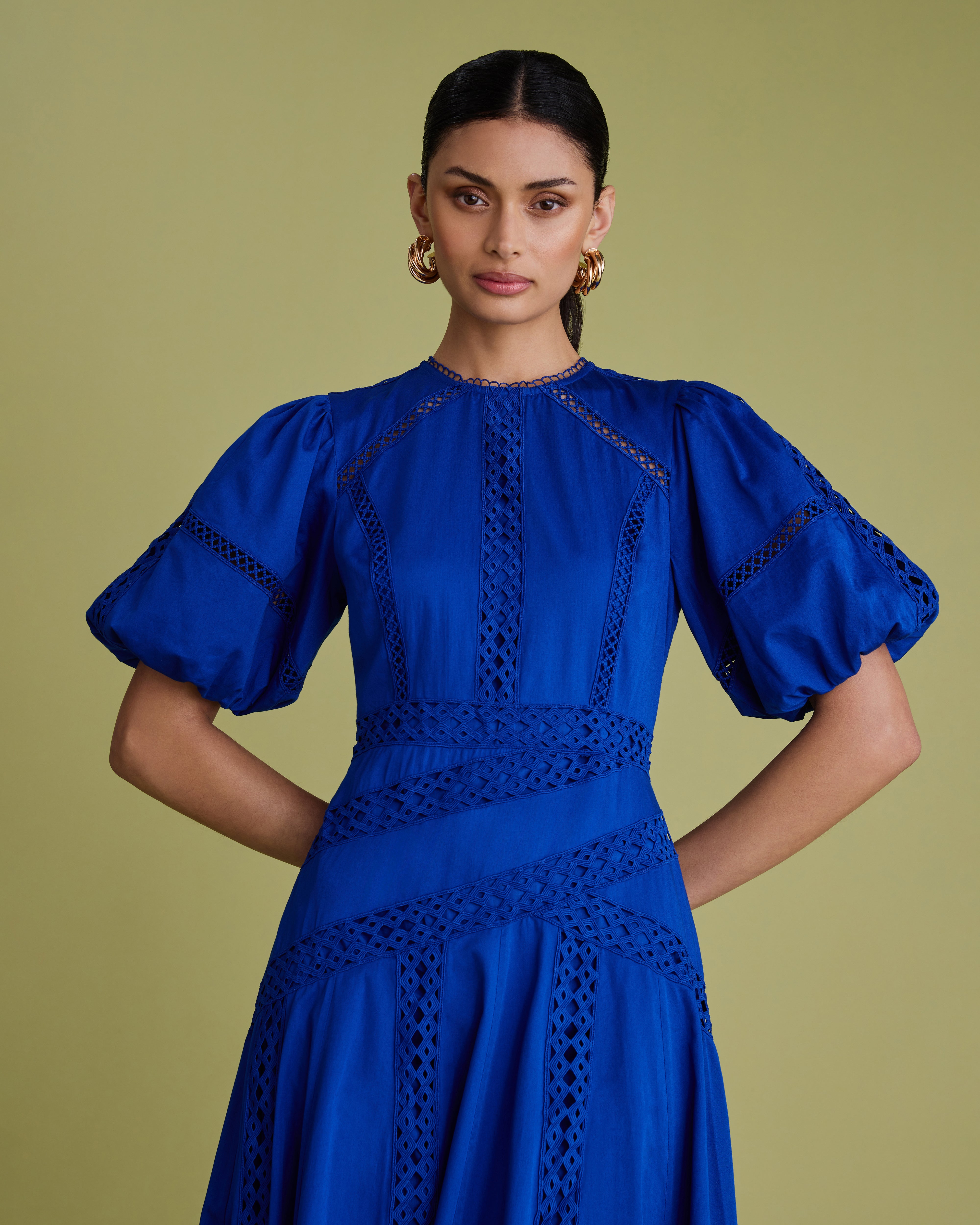 Lace Detail Puff Sleeve Cotton Midi Dress