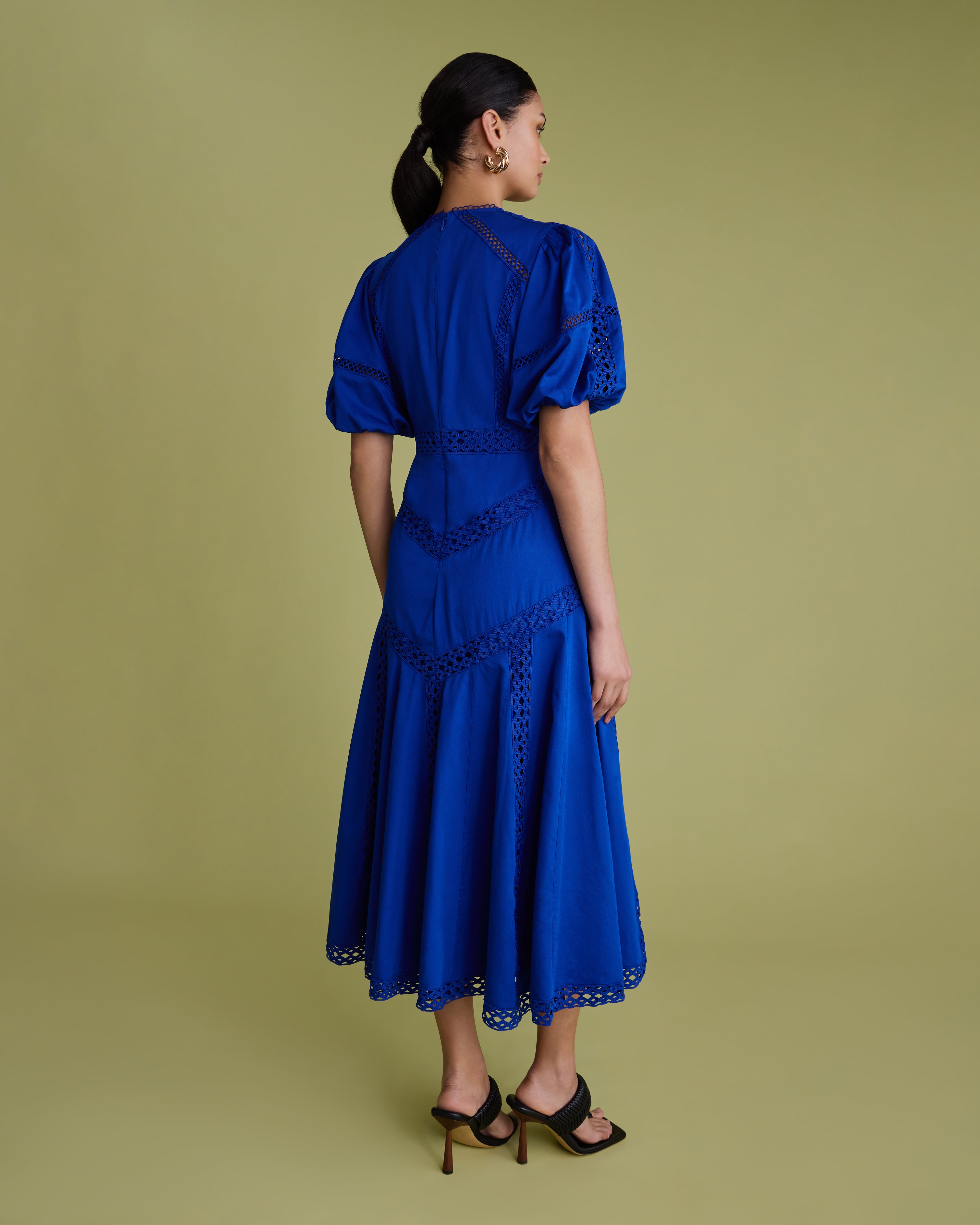 Lace Detail Puff Sleeve Cotton Midi Dress
