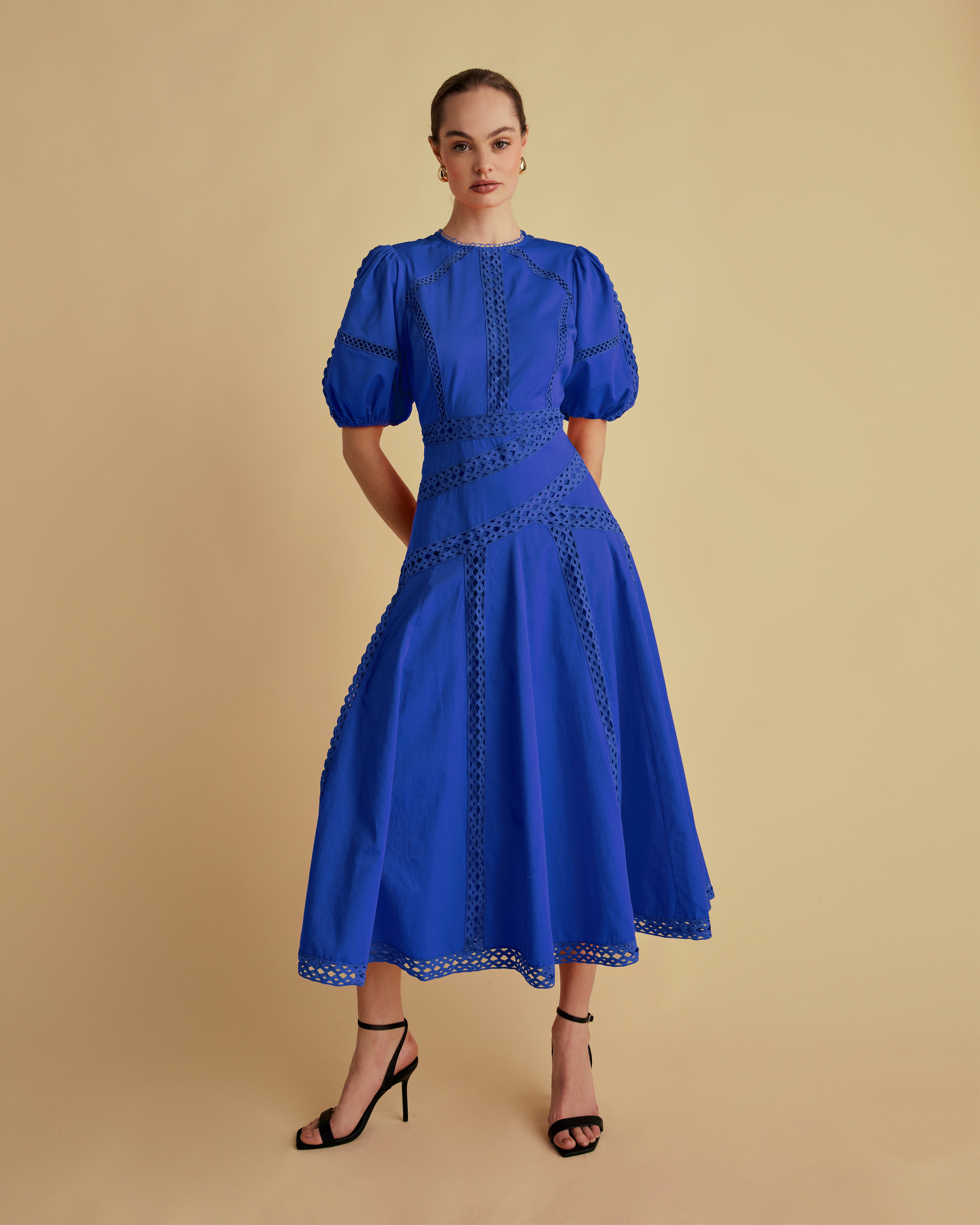 Lace Detail Puff Sleeve Cotton Midi Dress