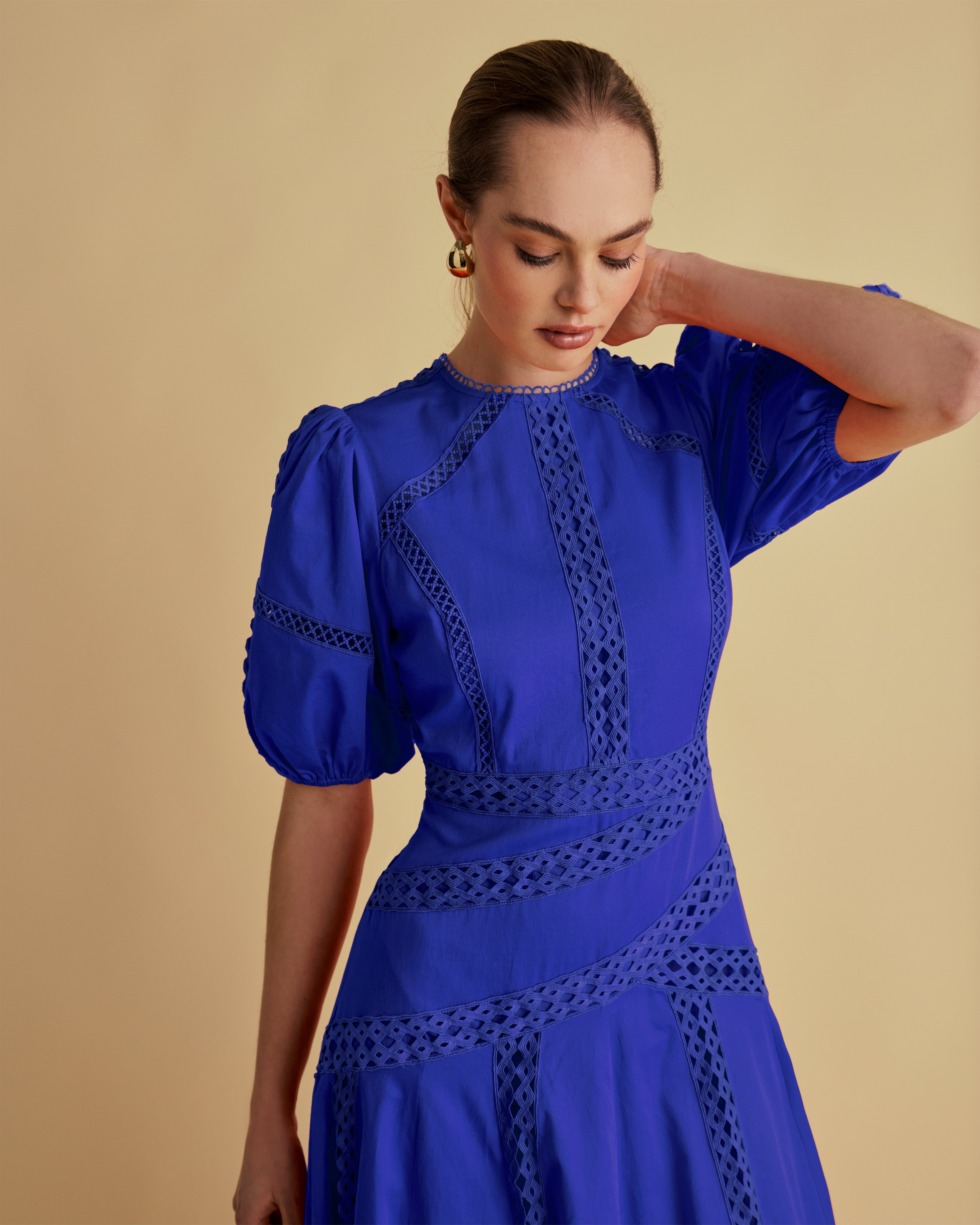 Lace Detail Puff Sleeve Cotton Midi Dress