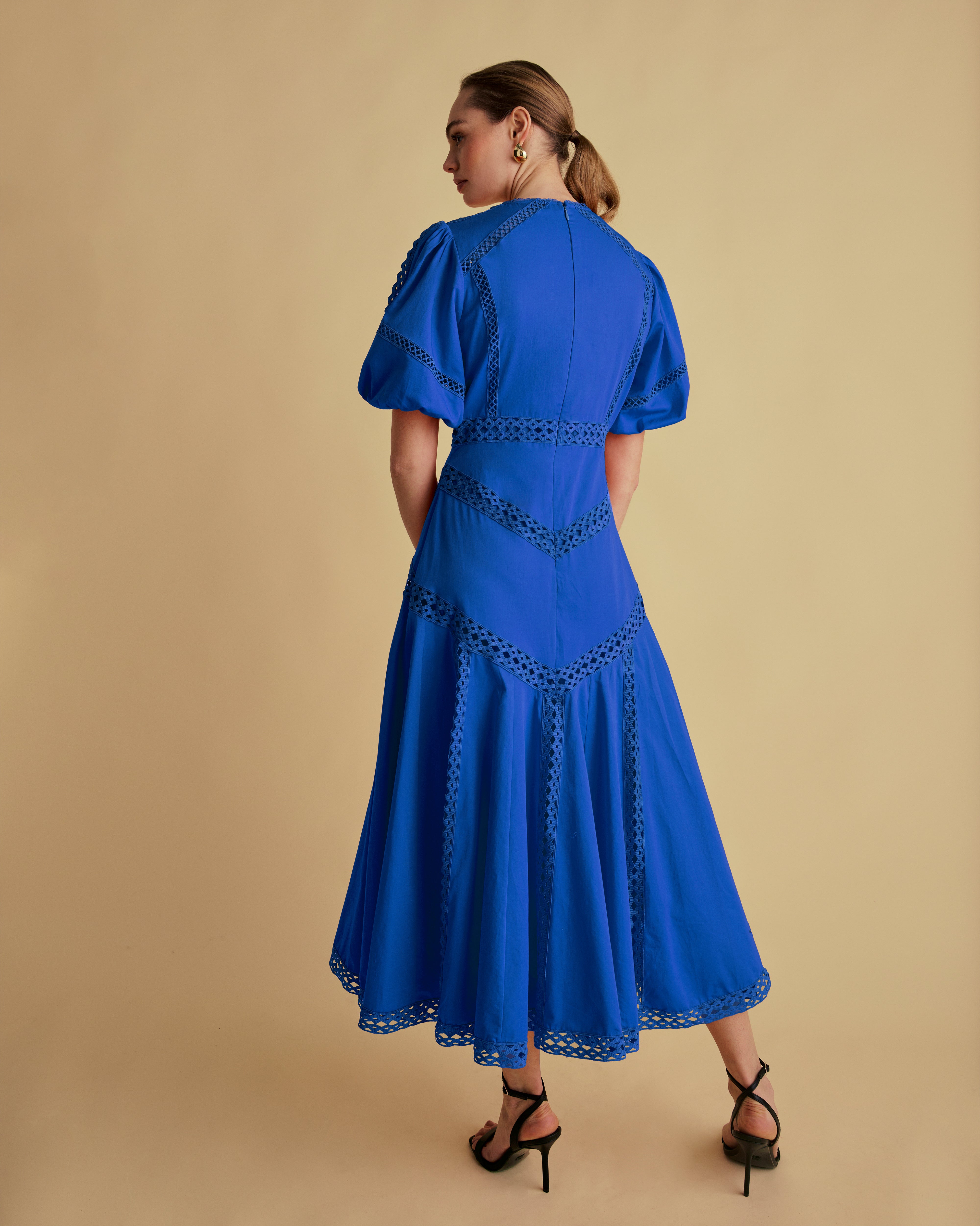 Lace Detail Puff Sleeve Cotton Midi Dress