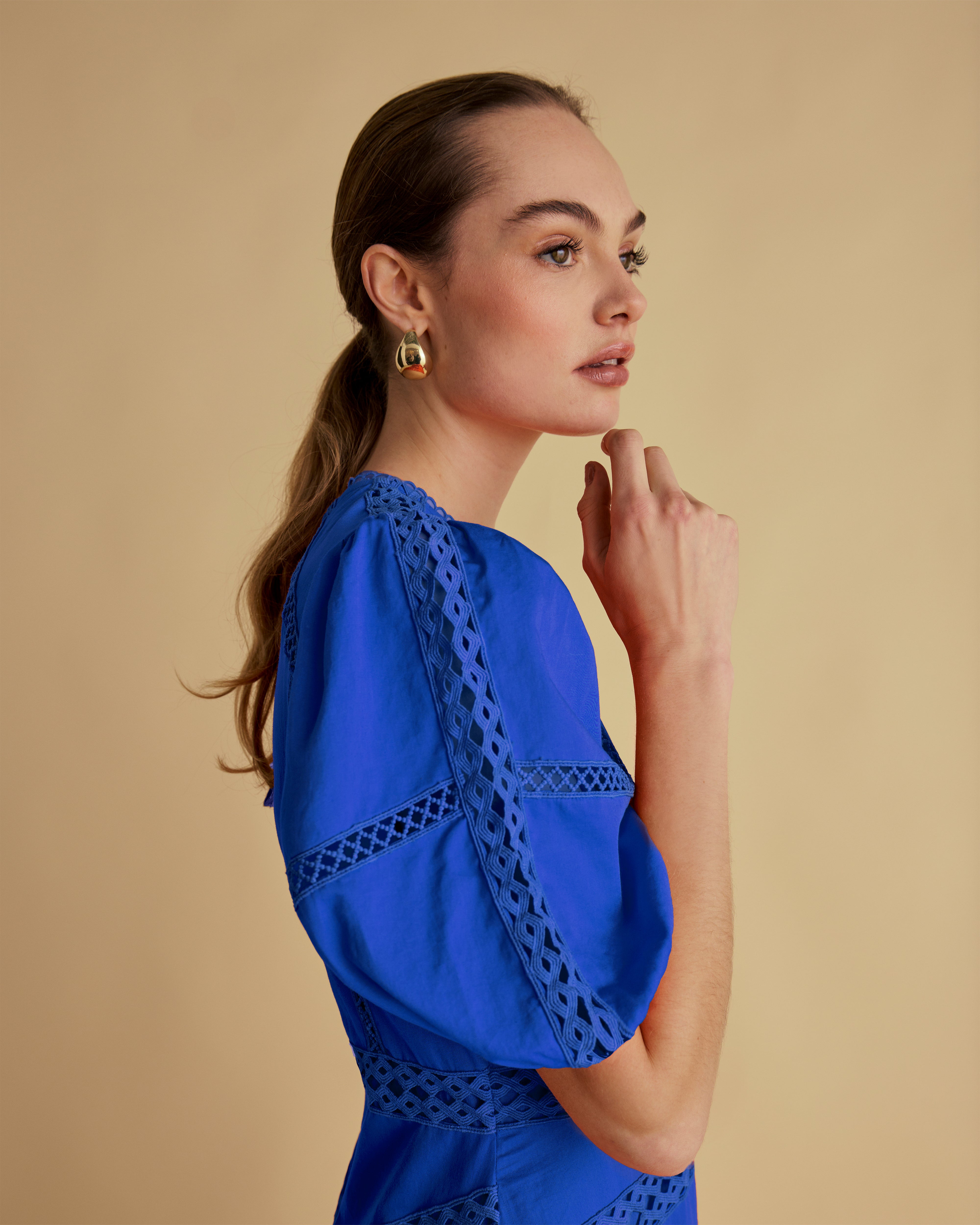 Lace Detail Puff Sleeve Cotton Midi Dress