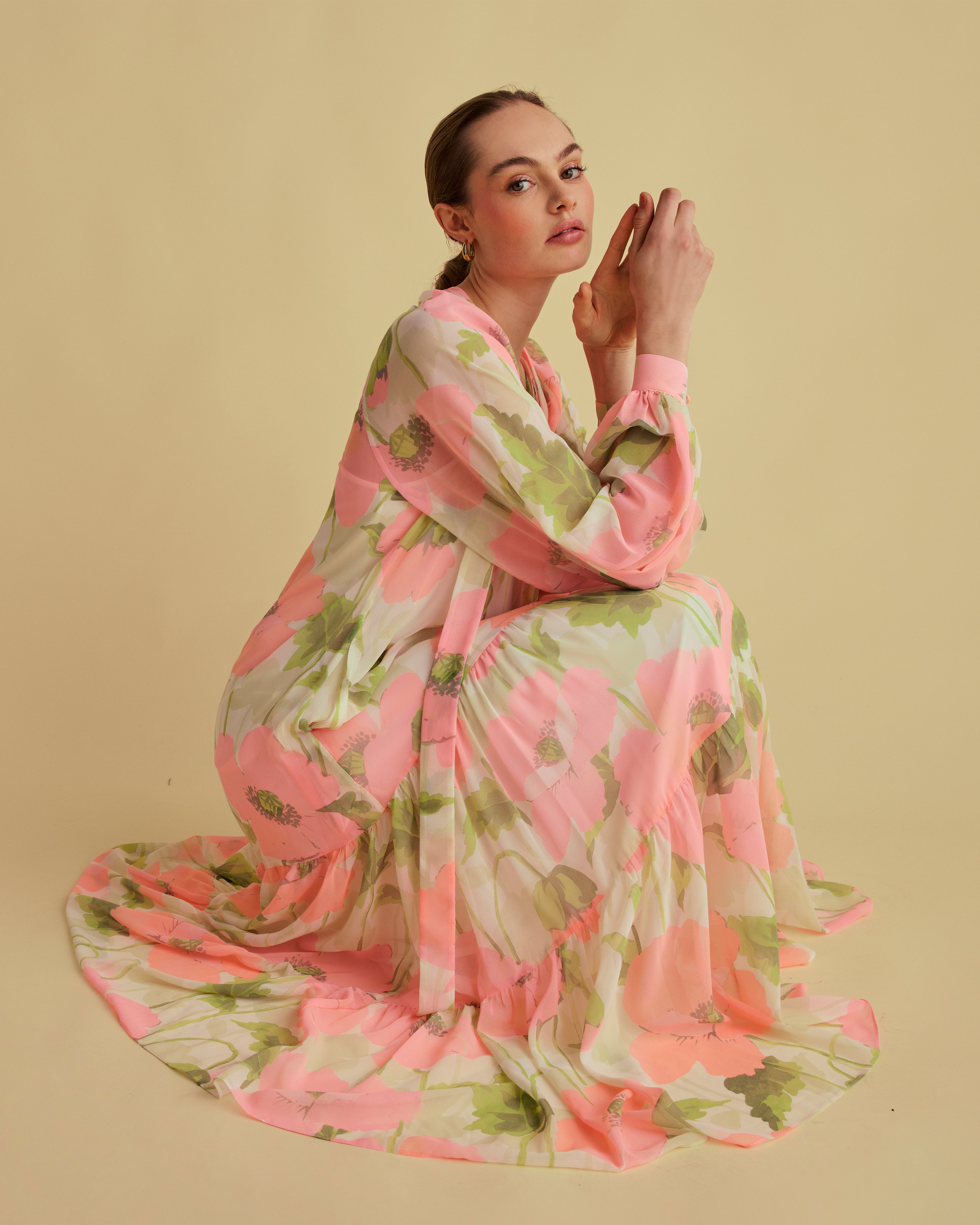 tie neck midi dress FLORERE Long Sleeve green Tie Neck Midi Dress Florere