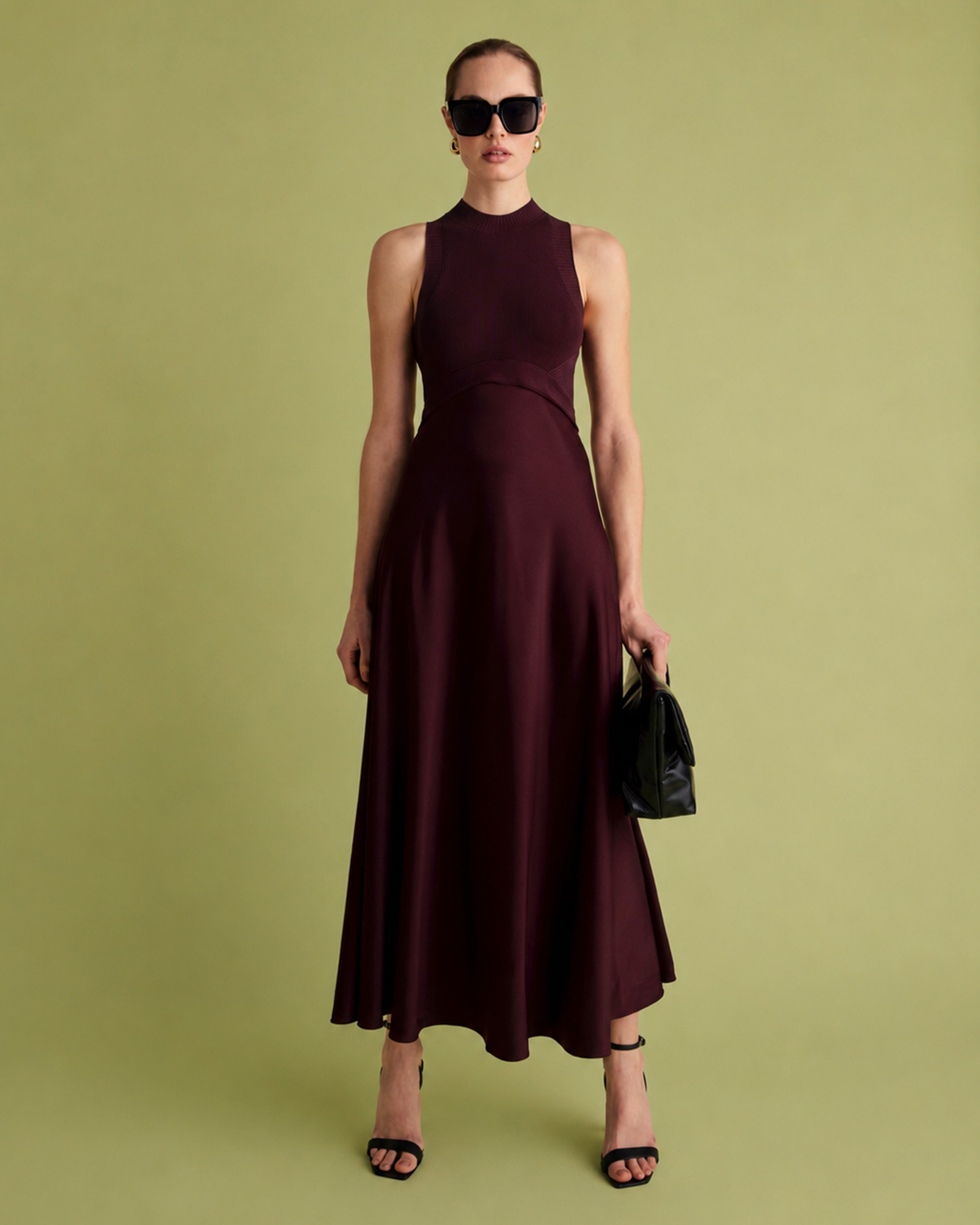 Rib Knit And Woven Mix Midi Dress