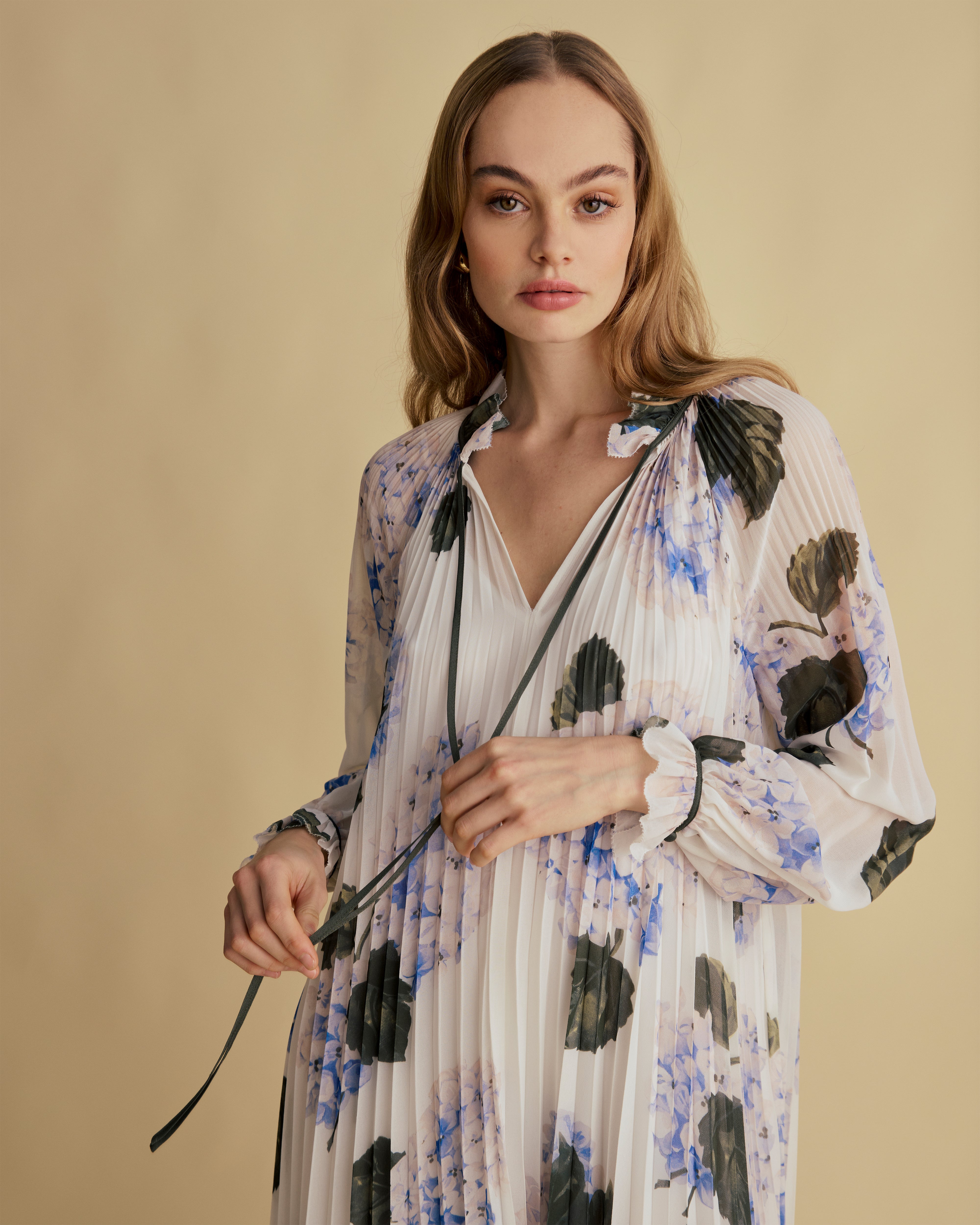 Border Print Pleated Midaxi Dress