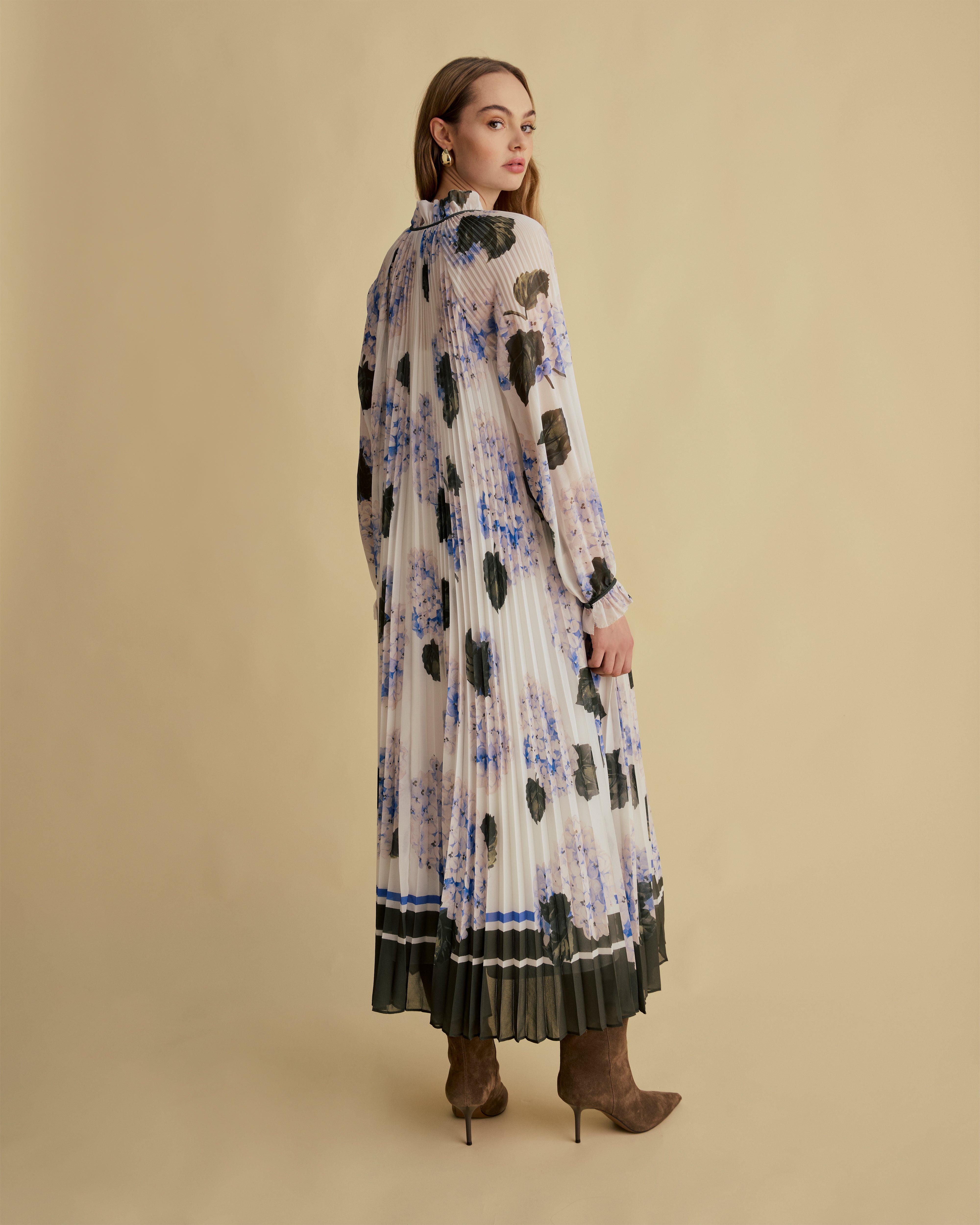 Border Print Pleated Midaxi Dress