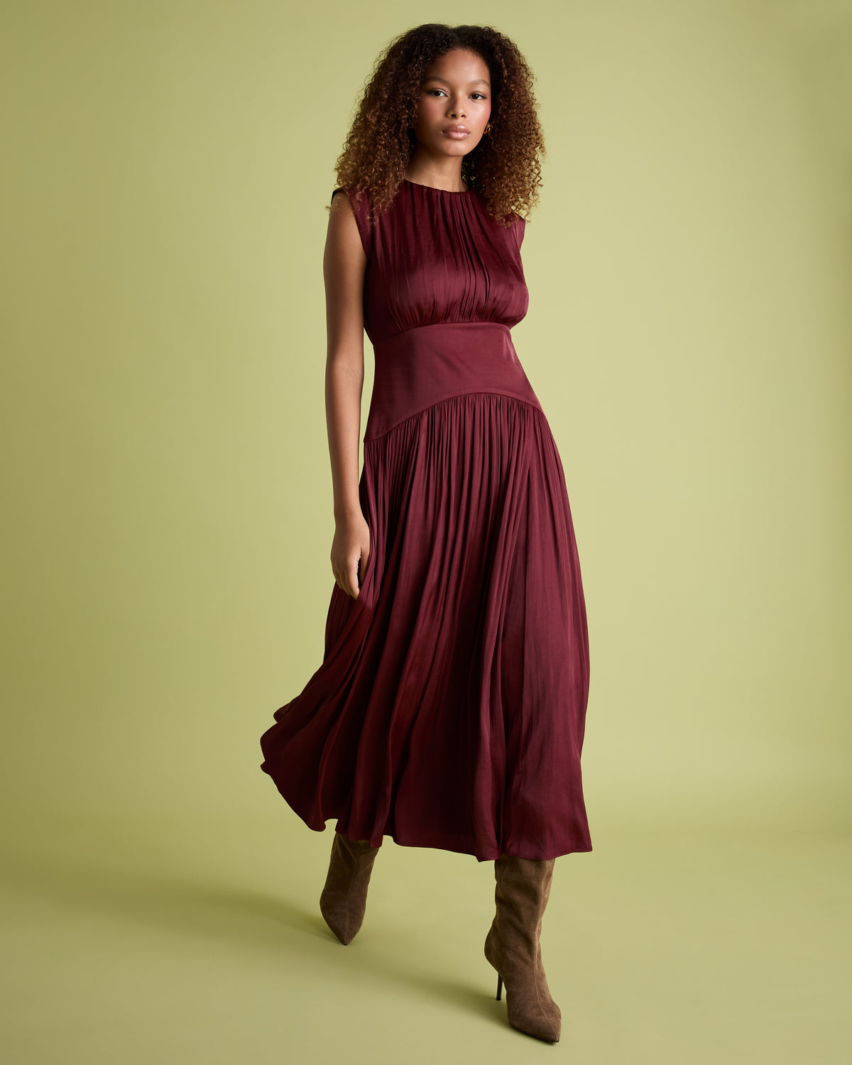 Rust Sleeveless Fit and Flare Midi Dress