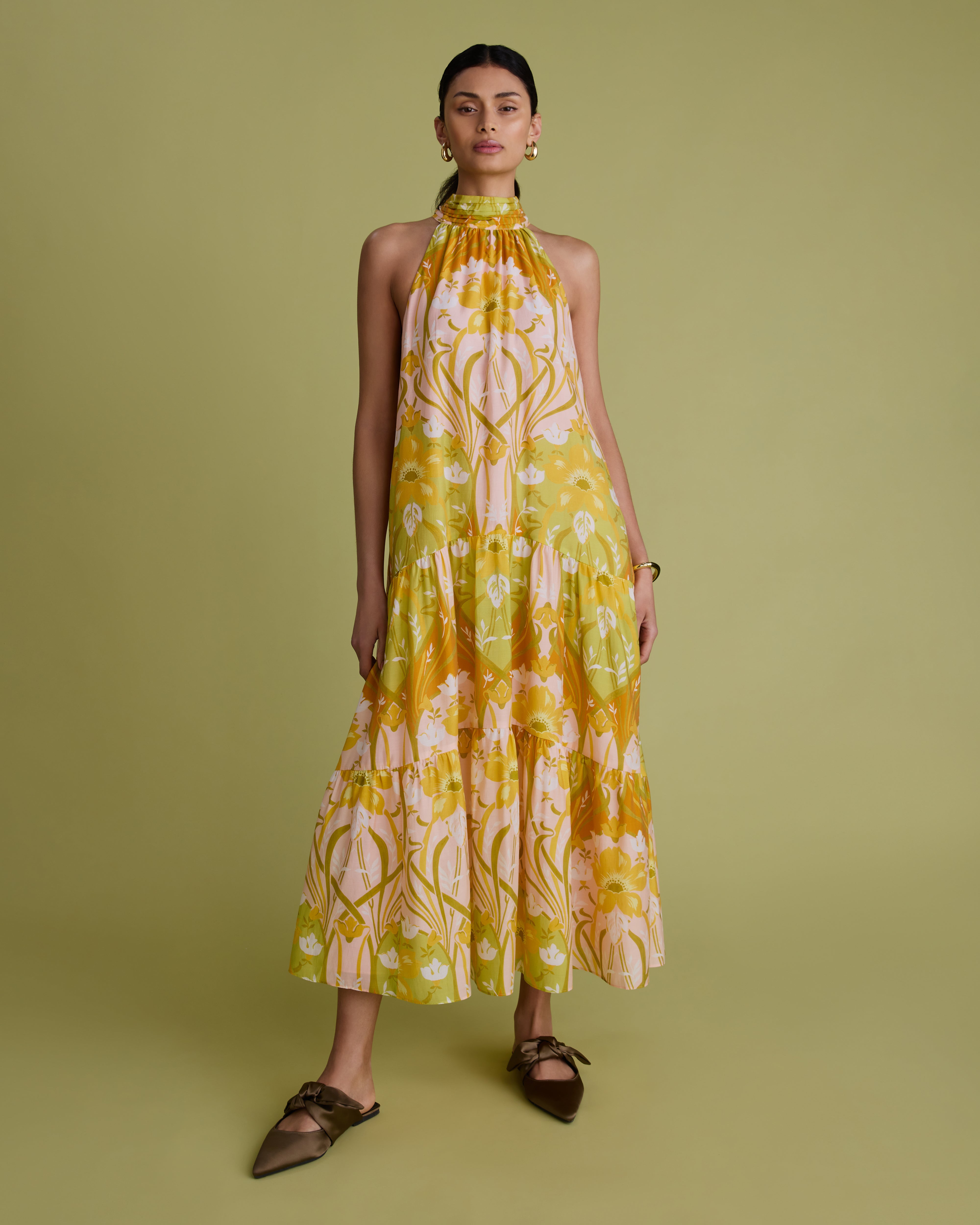 Printed Tiered Halterneck Midi Dress