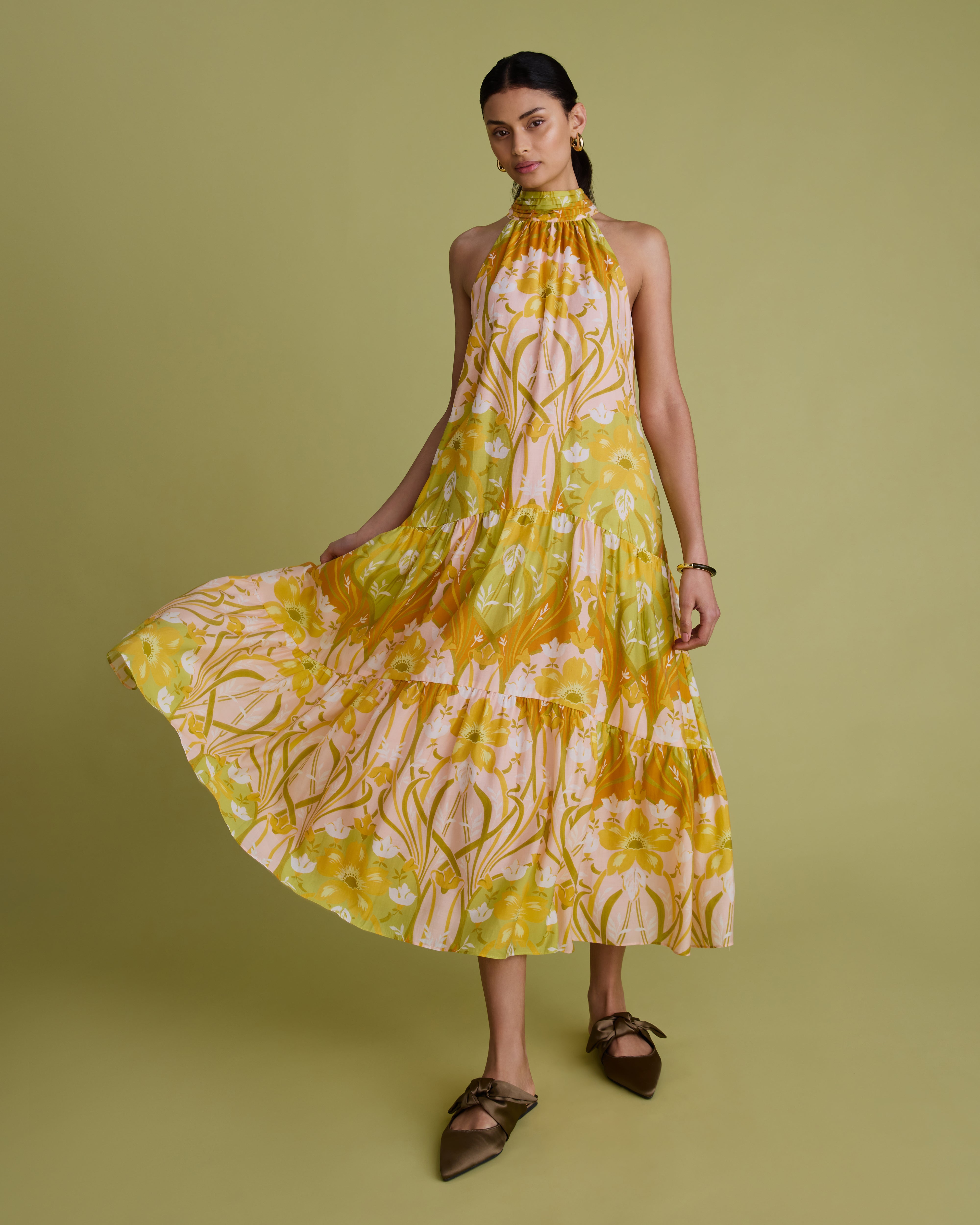 Printed Tiered Halterneck Midi Dress