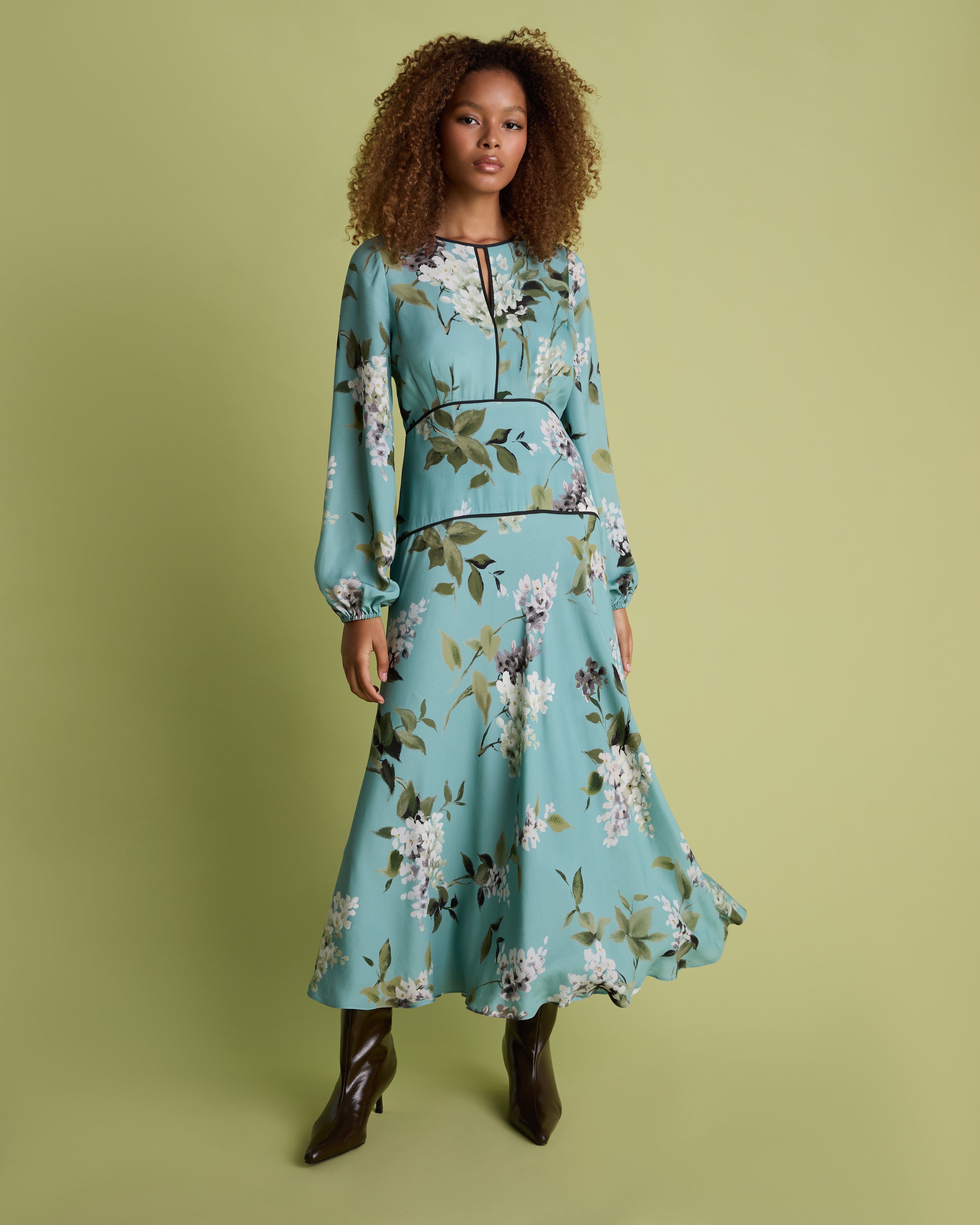 Blue Floral Print Fit and Flare Midi Dress