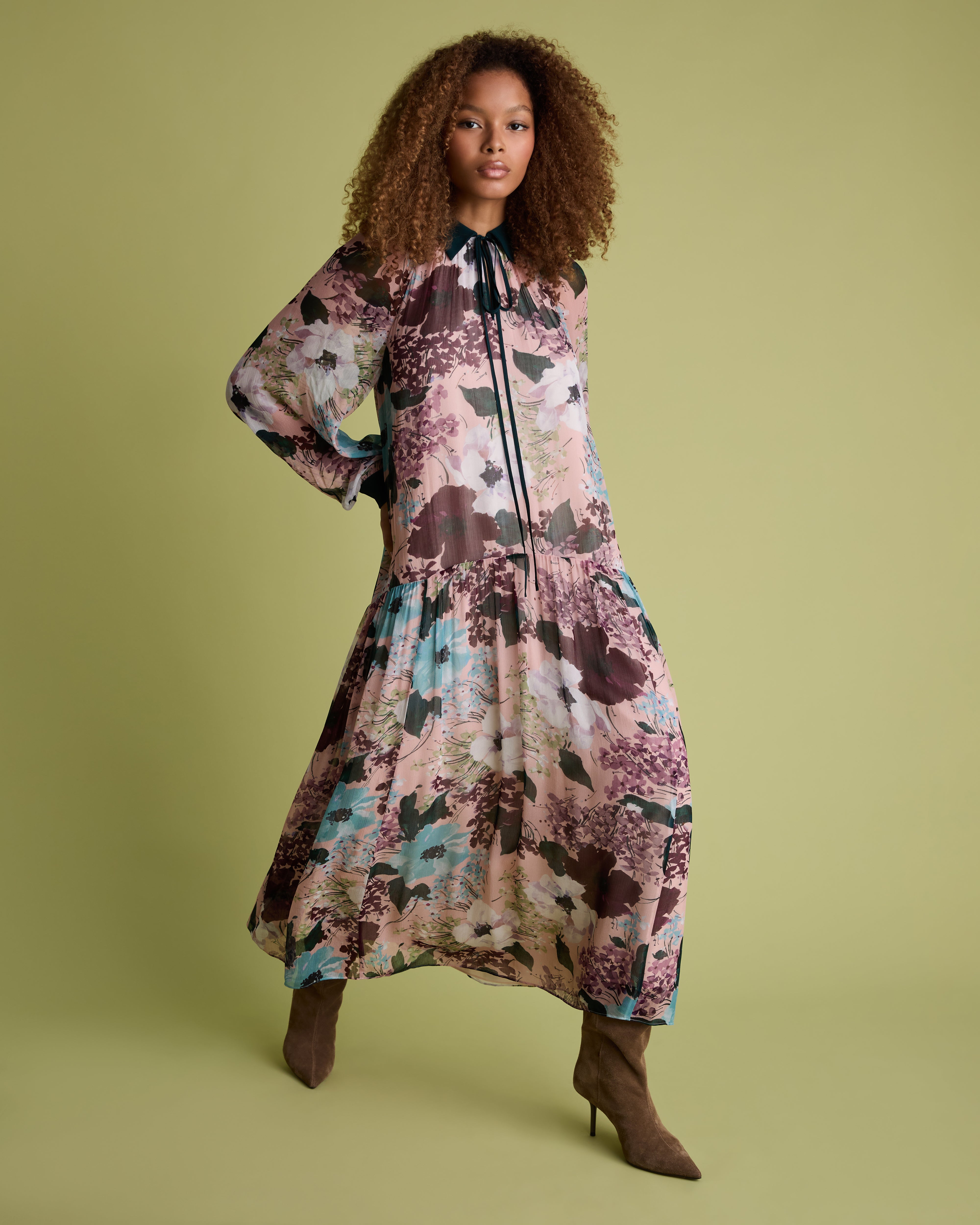 Pink Floral Print Blouson Sleeve Midi Dress