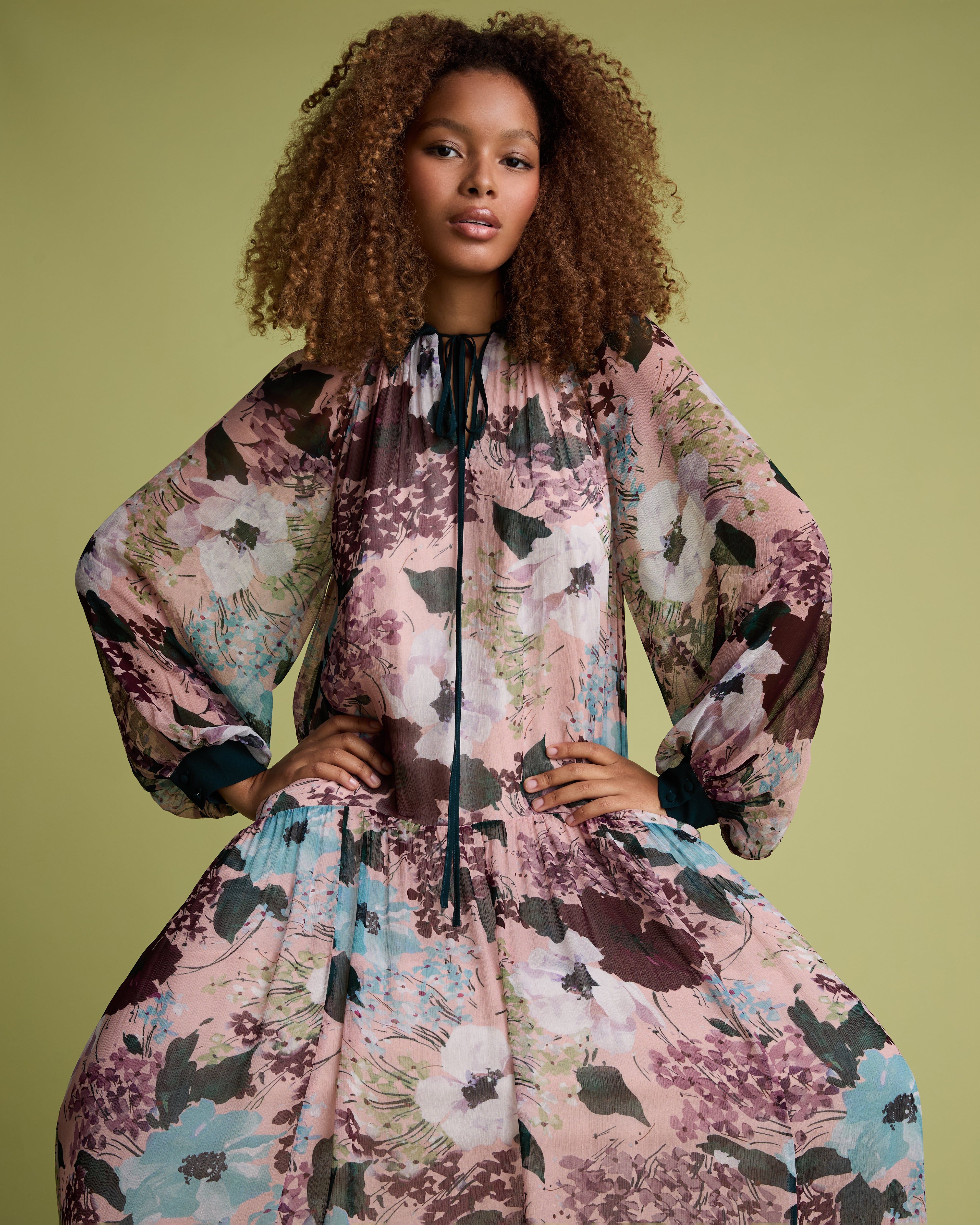 Pink Floral Print Blouson Sleeve Midi Dress